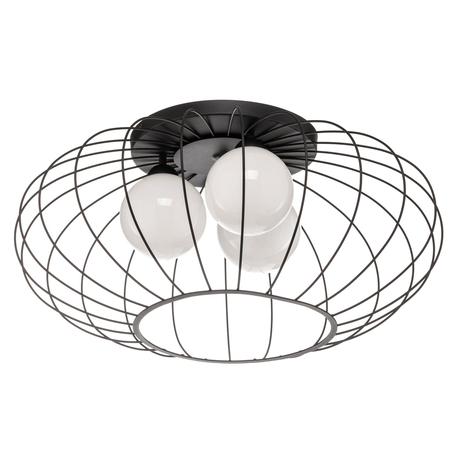 Deckenlampe Kronos, Käfig schwarz, drei Opalkugeln