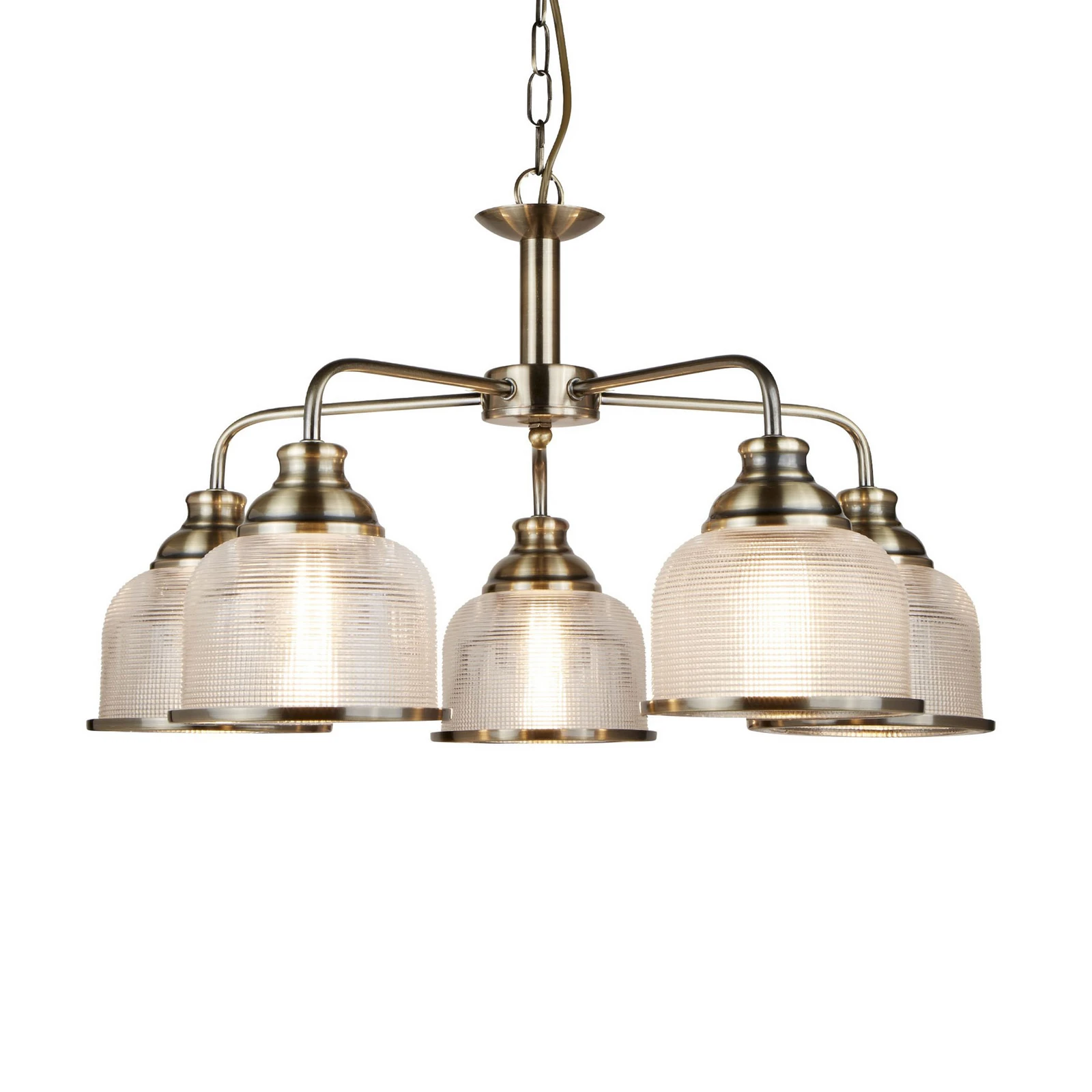 Pendelleuchte Bistro II 5-flg. messing/Riffelglas