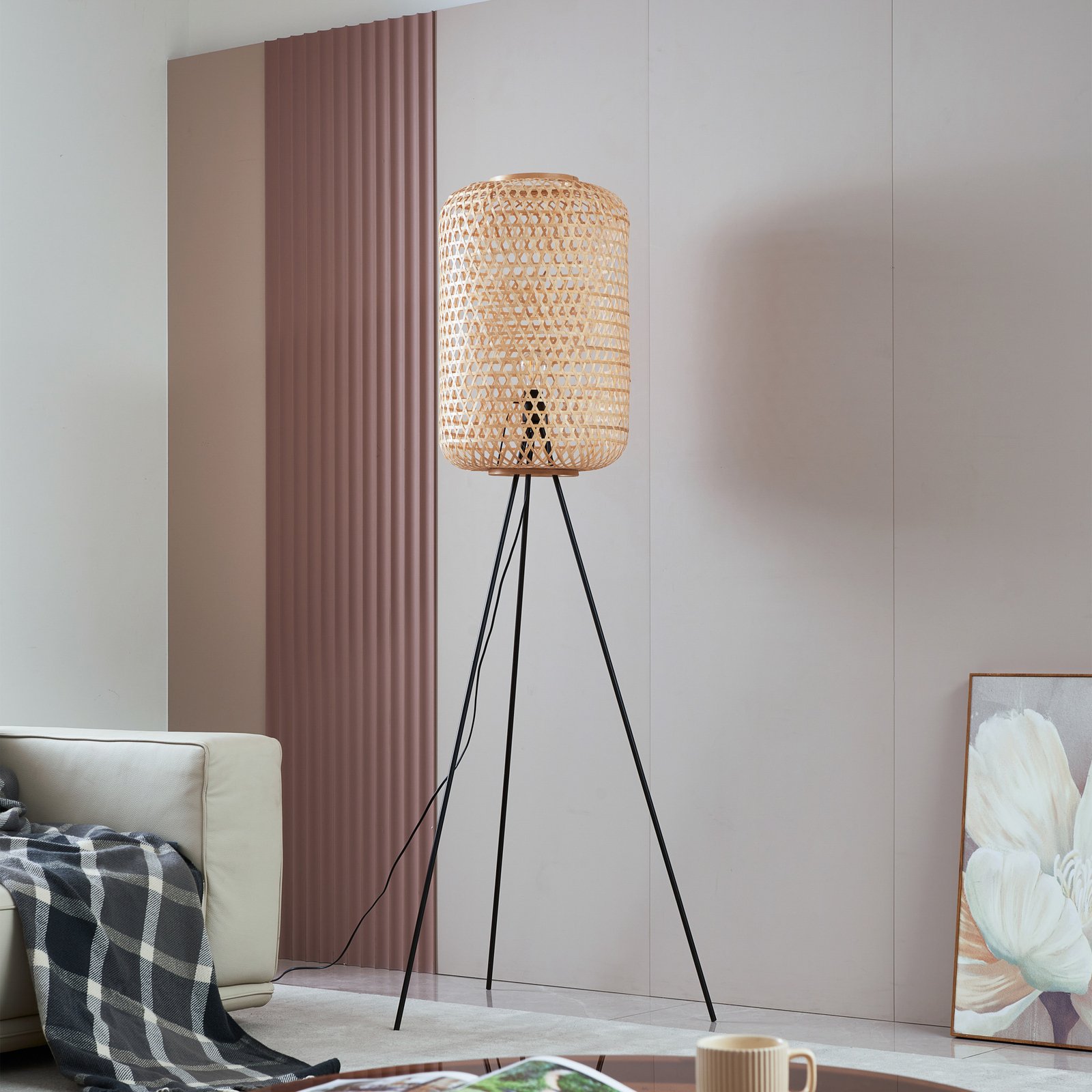 Lucande floor lamp Jorick, bamboo, tripod, height 166 cm