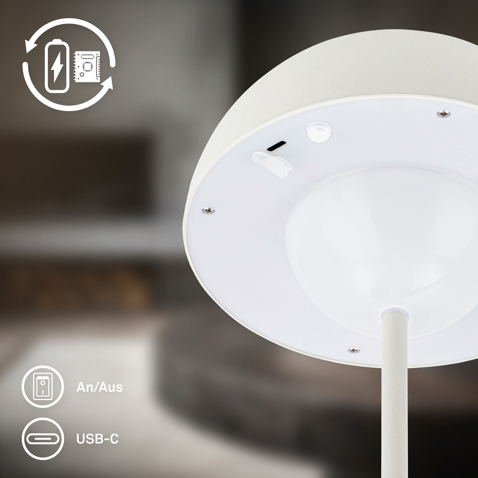 Lampa de masă cu LED și baterie Kugle, albă, metal, IP44, dimabil