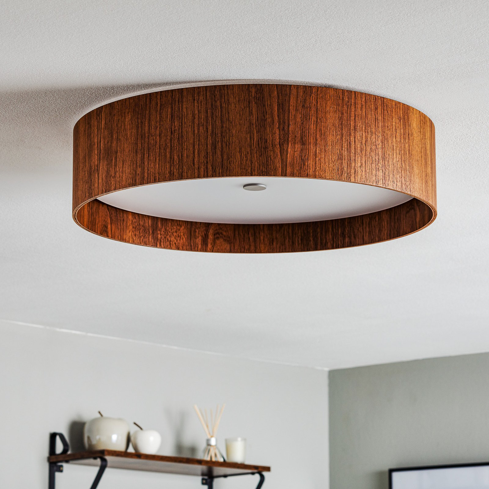 LED ceiling light LARAwood L, walnut, Ø 55 cm