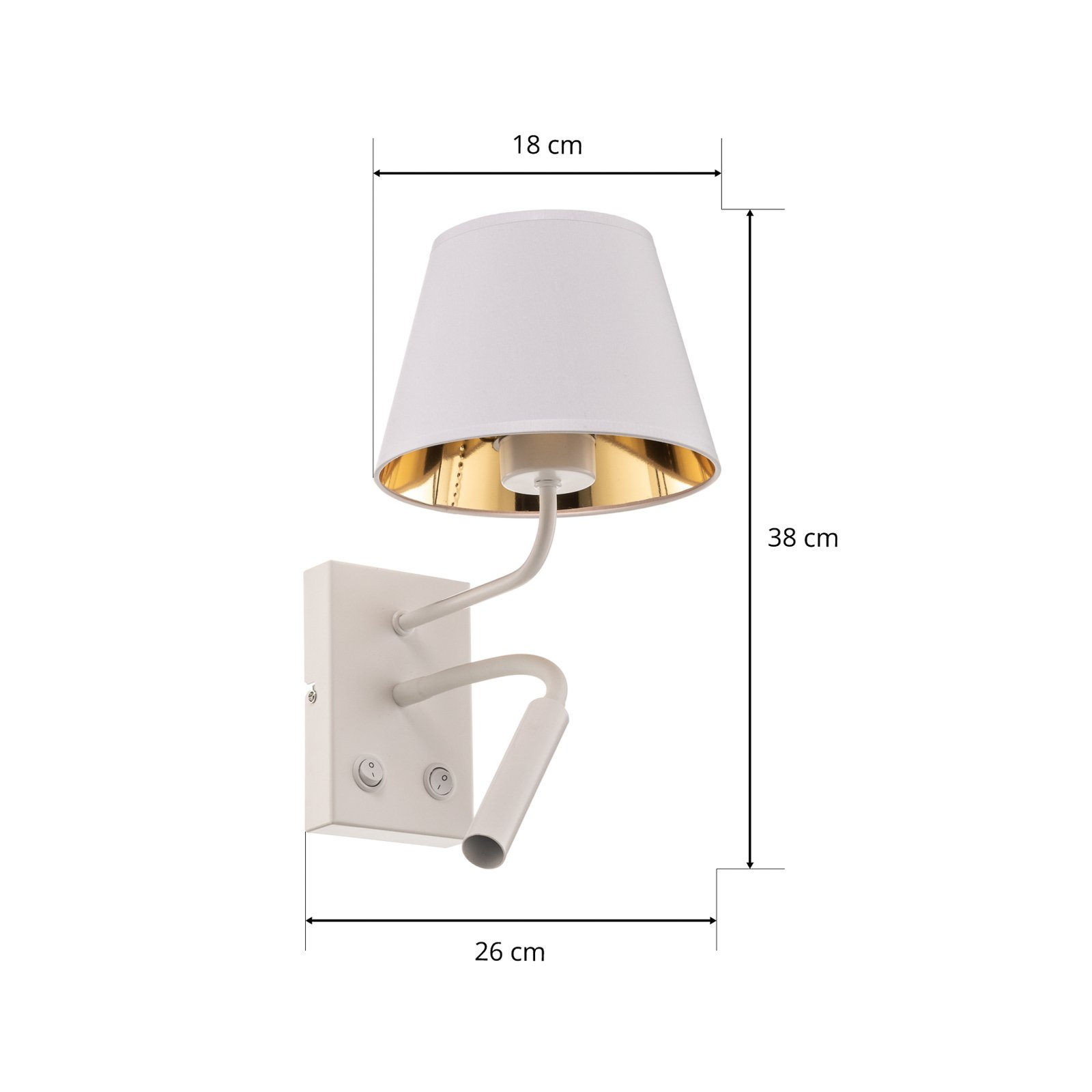 Soho wandlamp, conisch, leeslampje wit/goud