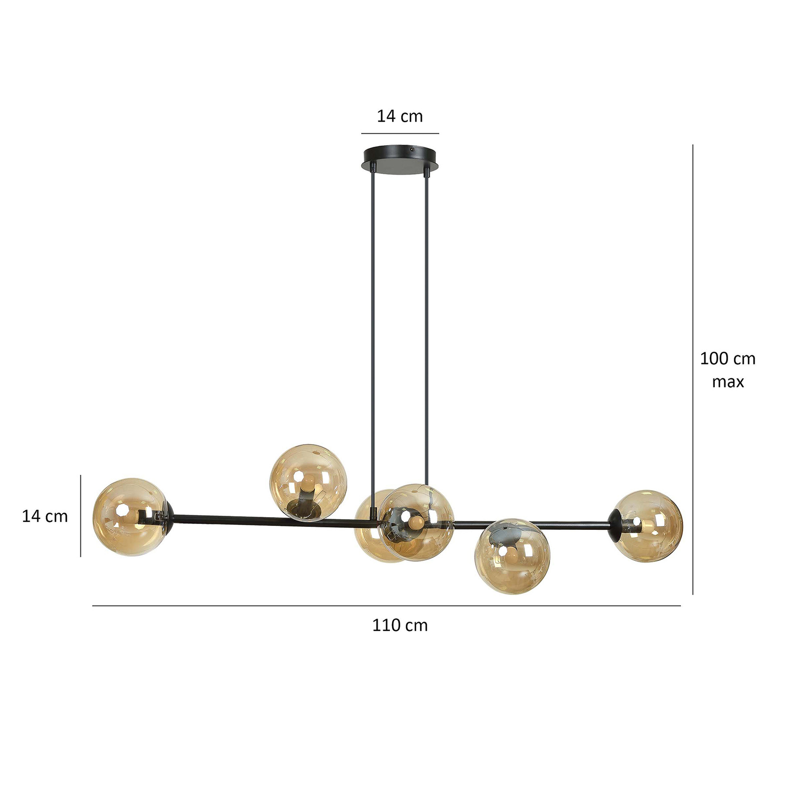 Glassy hanglamp, 6-lamps, zwart, amber, glas, 110 cm