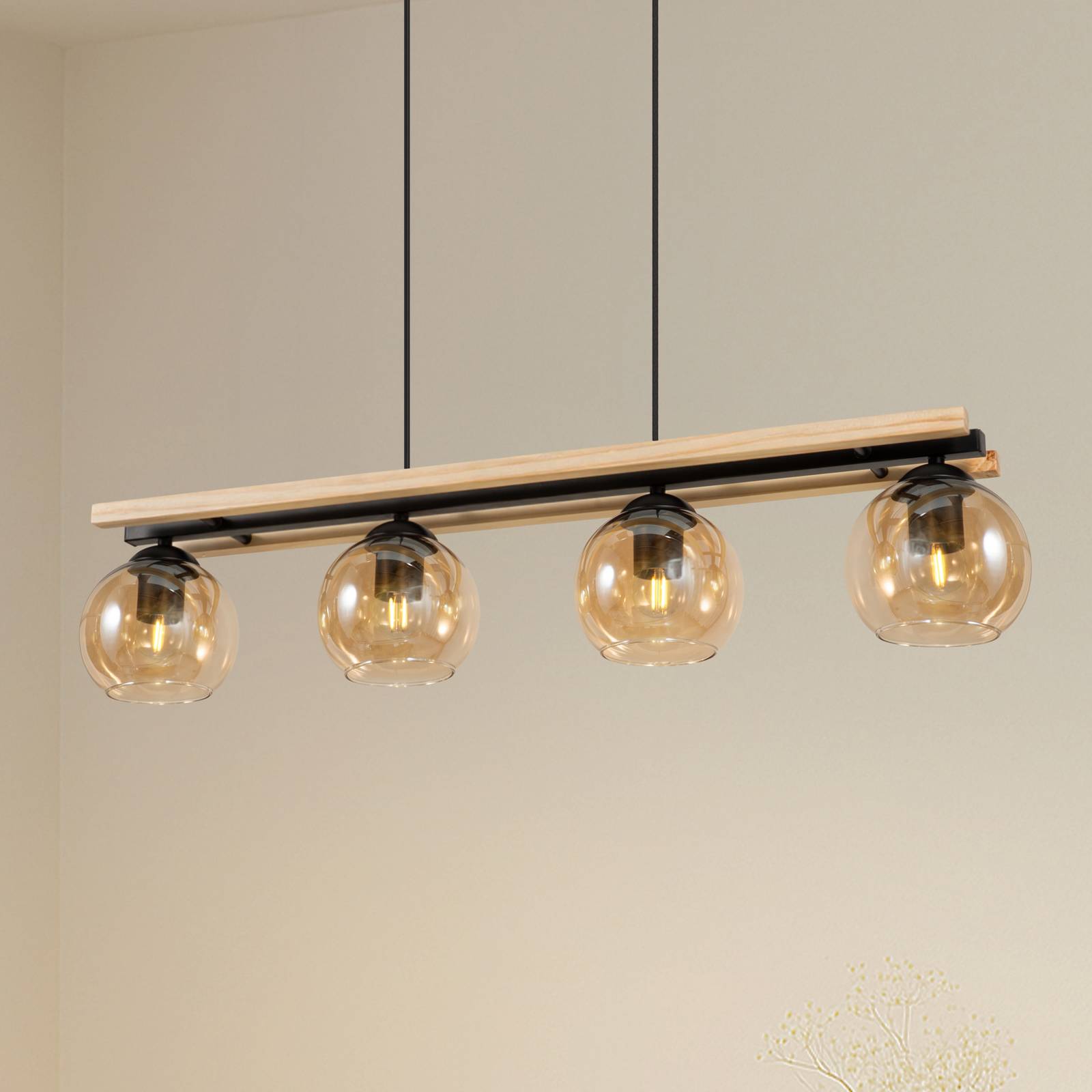 Lindby Hängelampe Enrique, amber, 4-flg., Glas, Holz, E27 günstig online kaufen