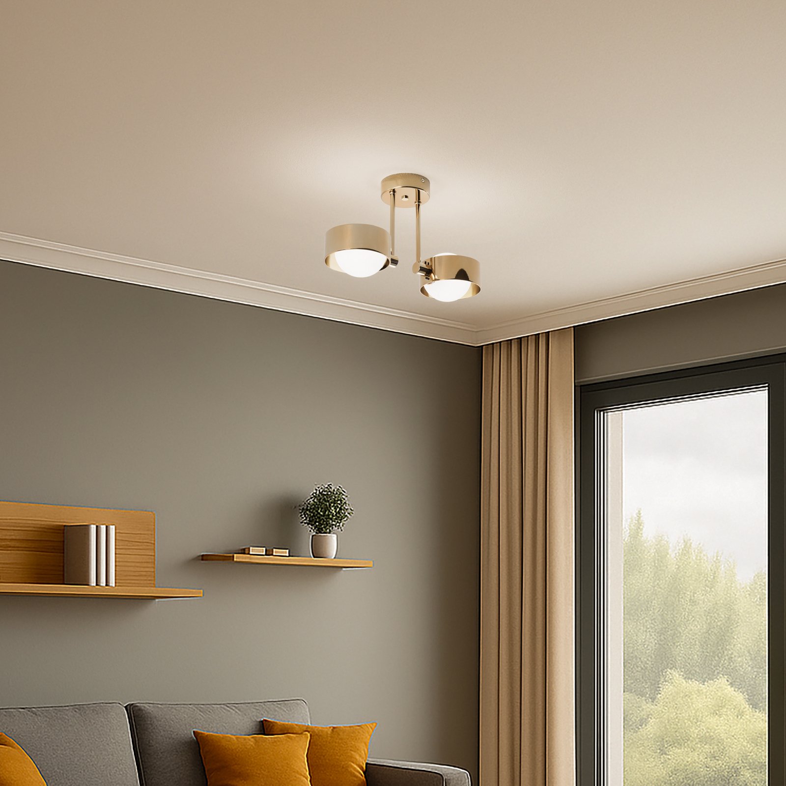 Mado ceiling light, brass-coloured steel, opal glass, 2-bulb