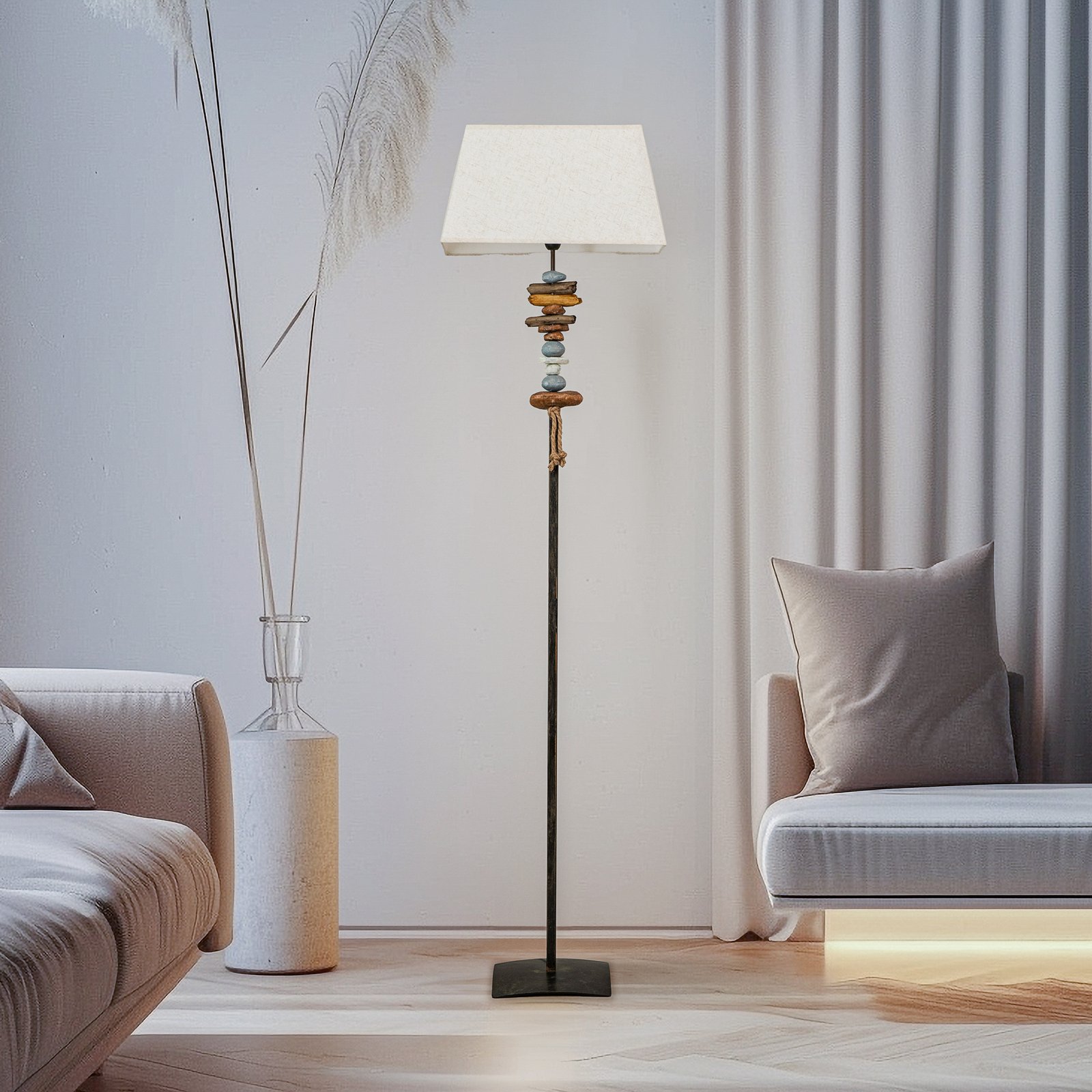 Seregon floor lamp with stone decor and fabric shade