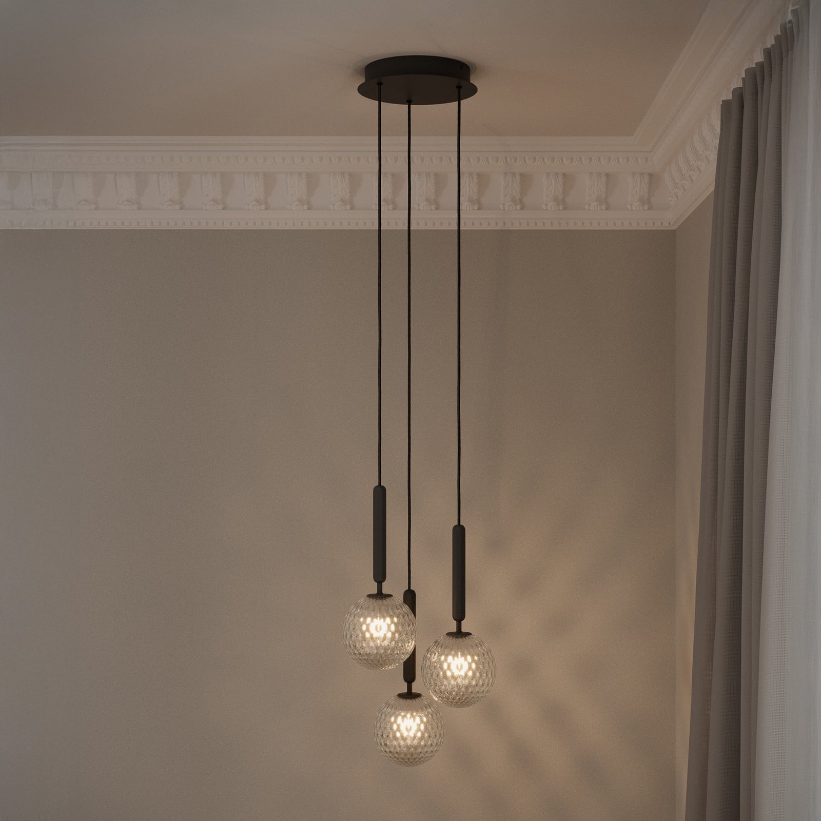 Nuura Kronleuchter Miira 3, grau/klar, Ø 31 cm, 3-flg.