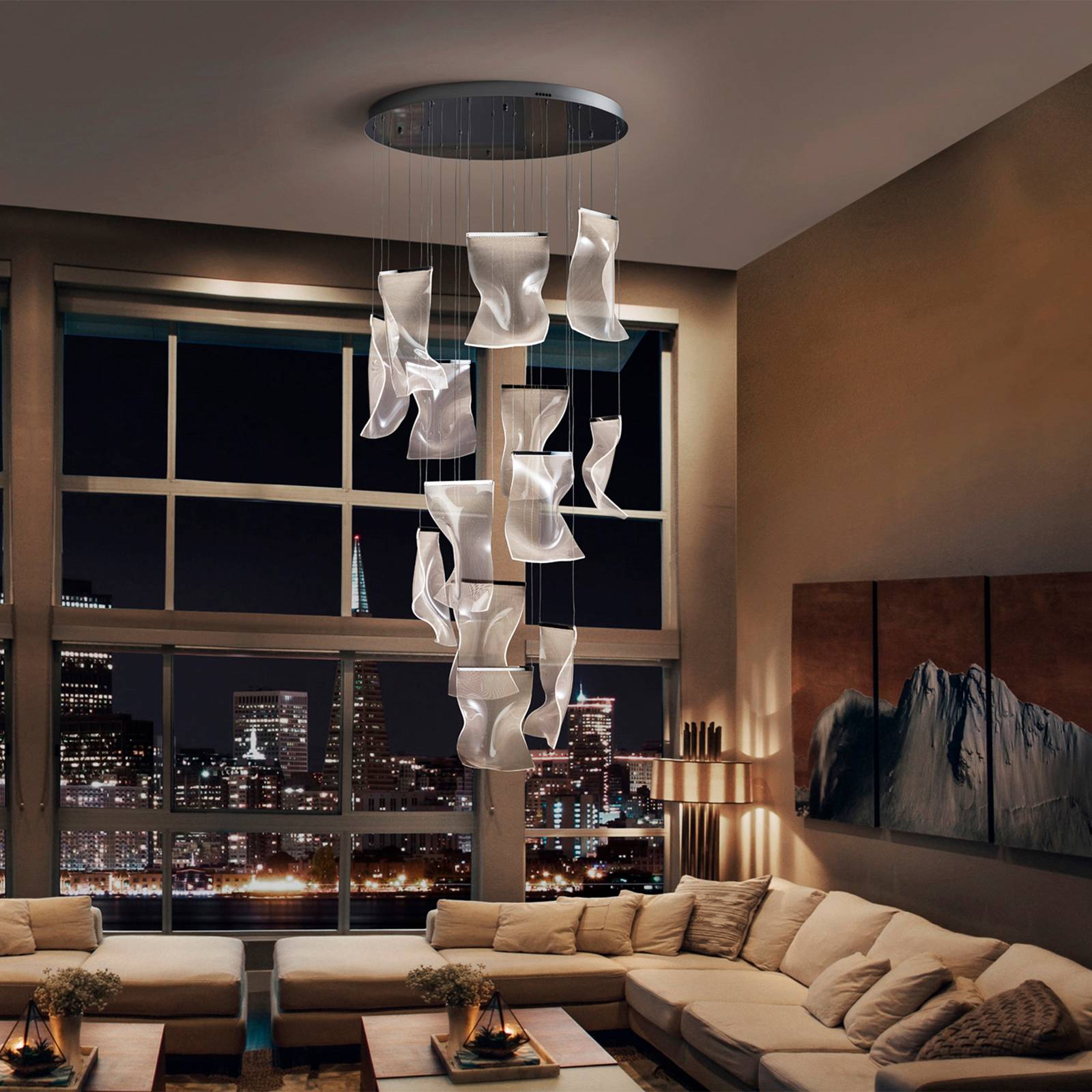 Lampa wisząca LED Velos II, 13-świetlna, chrom, ściemniana, tworzywo sztuczne