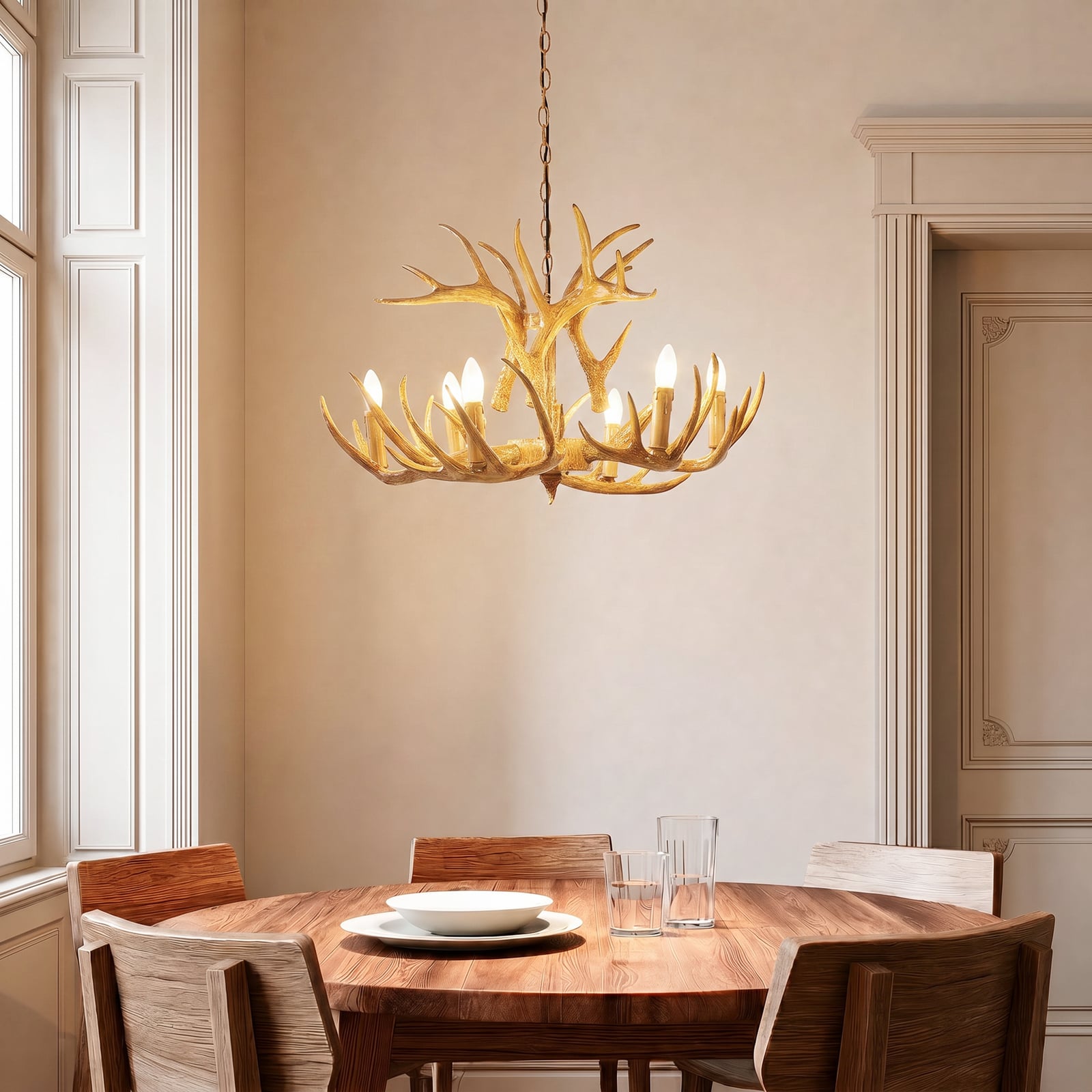 Lindby Fibi pendant light, brown, antlers, 6-bulb E14