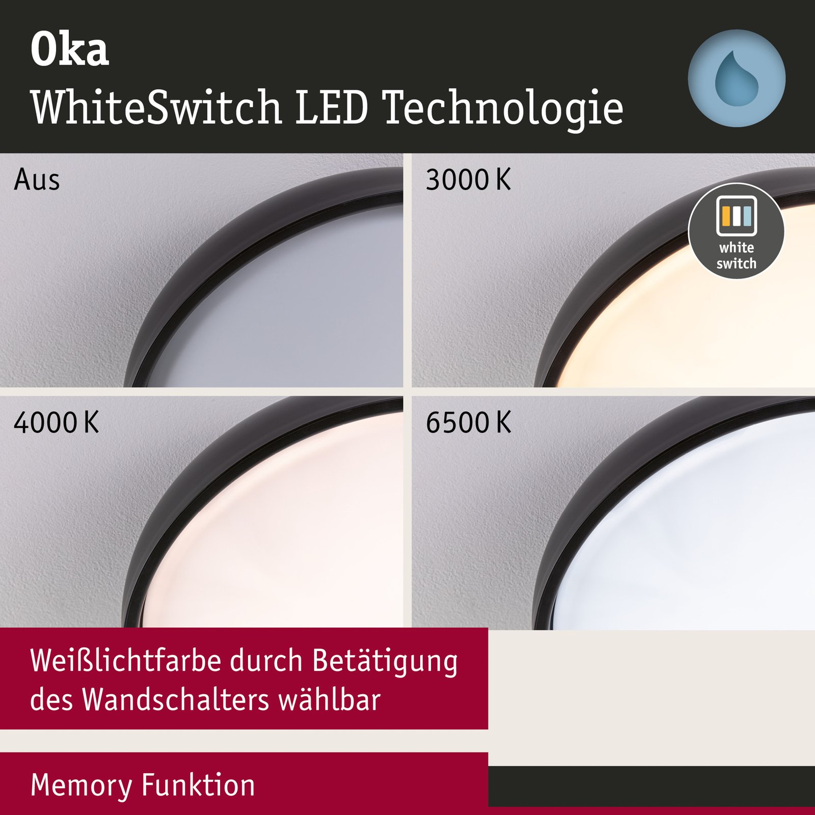 Oka LED Plafonnier IP44 Blanc/Noir - Paulmann