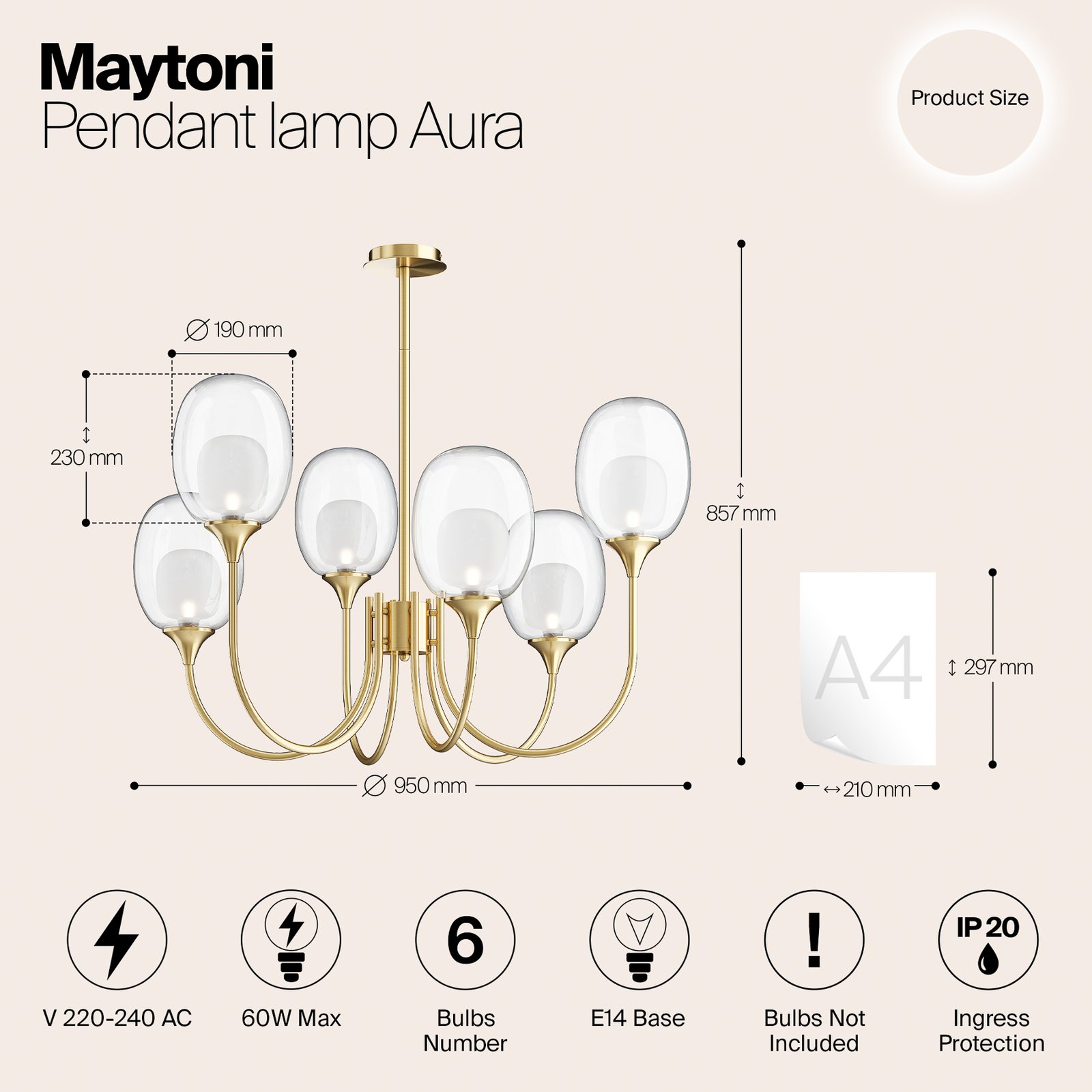 Maytoni hanglamp Aura, goudkleurig, 6-lamps, glas