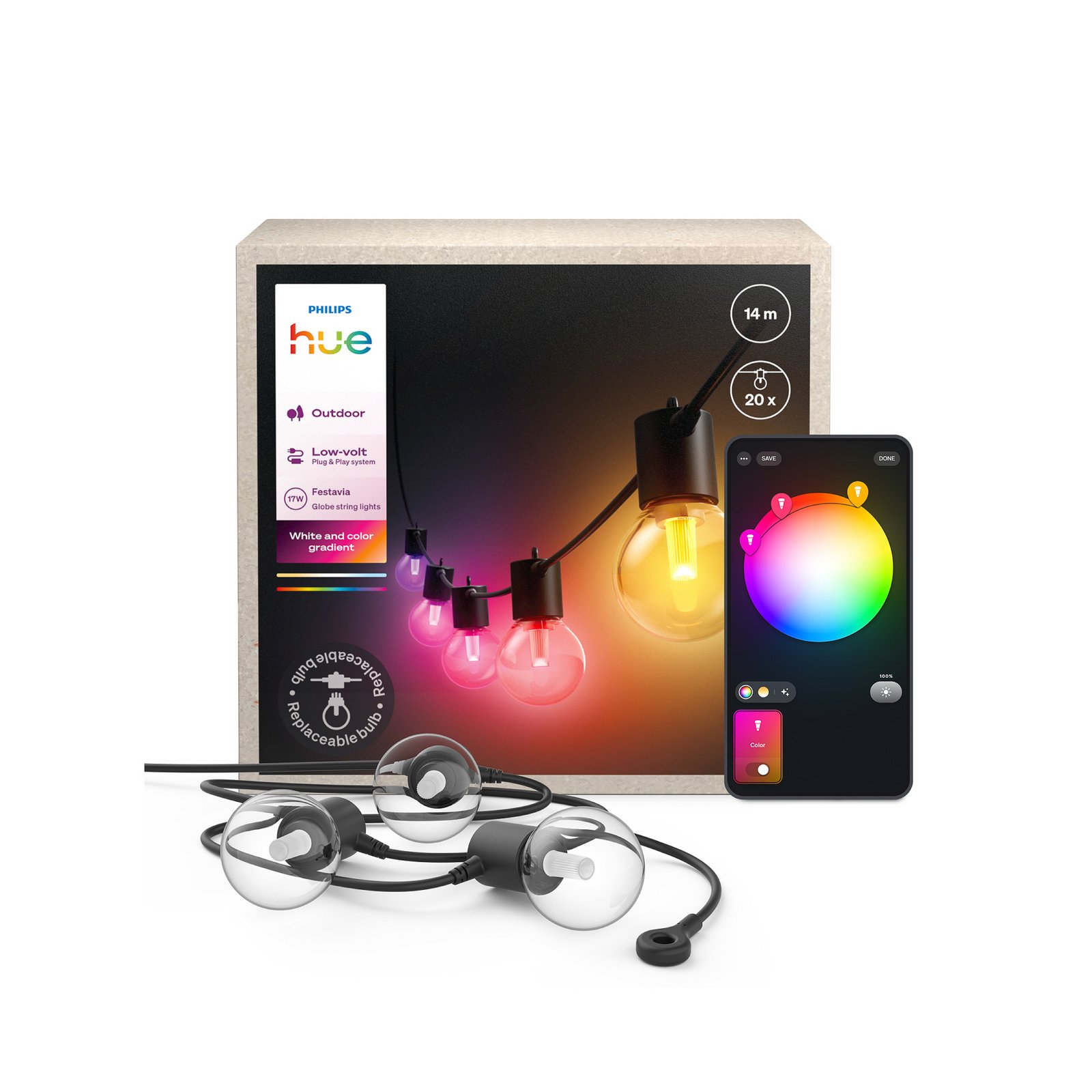 Philips Hue LED-Lichterkette Festavia Globe 14m 20 flg. IP65