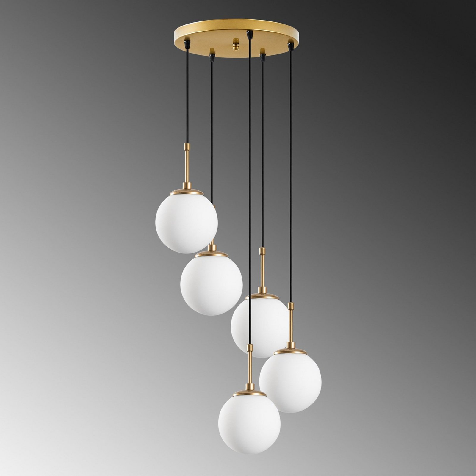 Hængelampe Orbital, hvid/guld, 5 lyskilder, glas, metal, E14