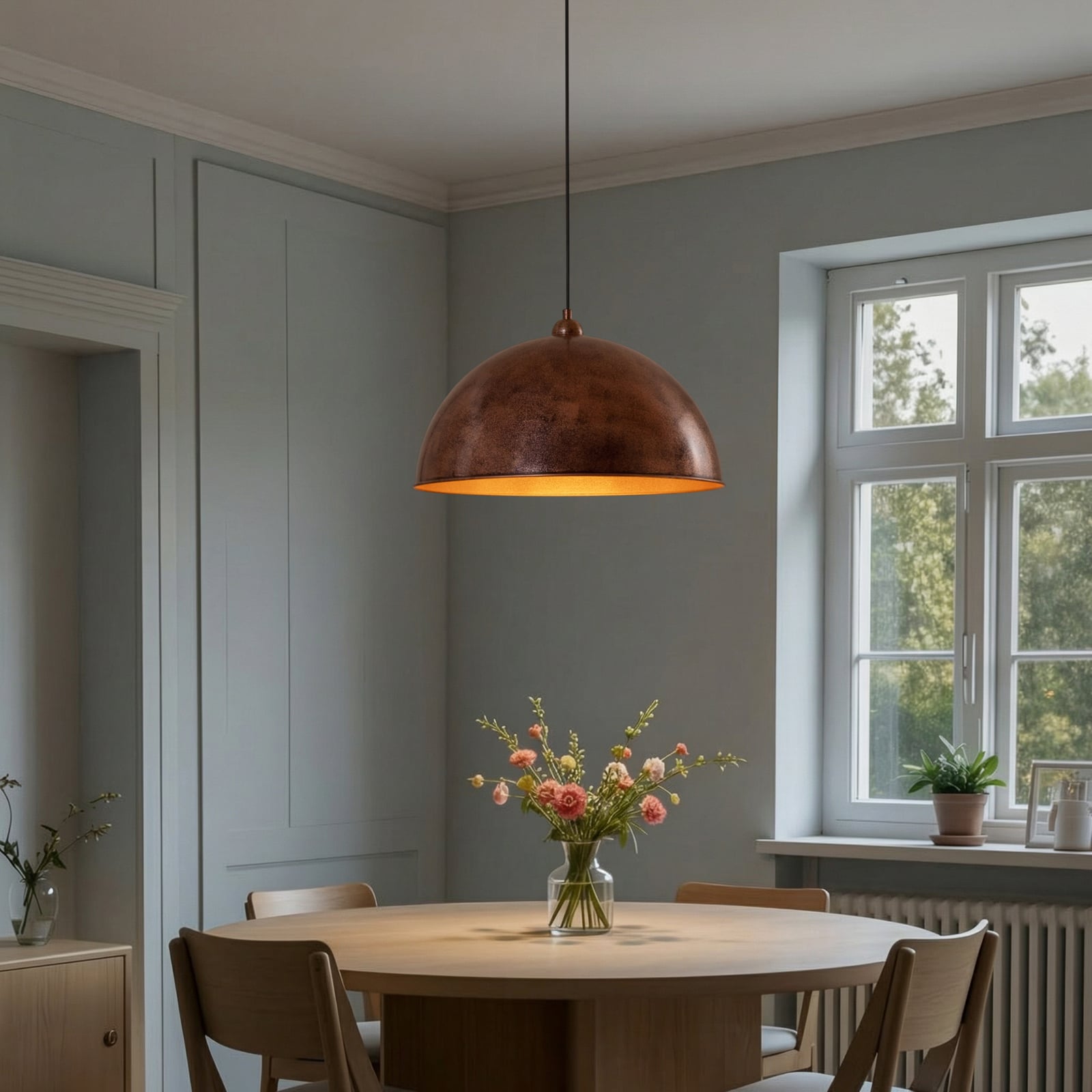 Casimir pendant light, burnished copper, Ø 50 cm, metal, E27