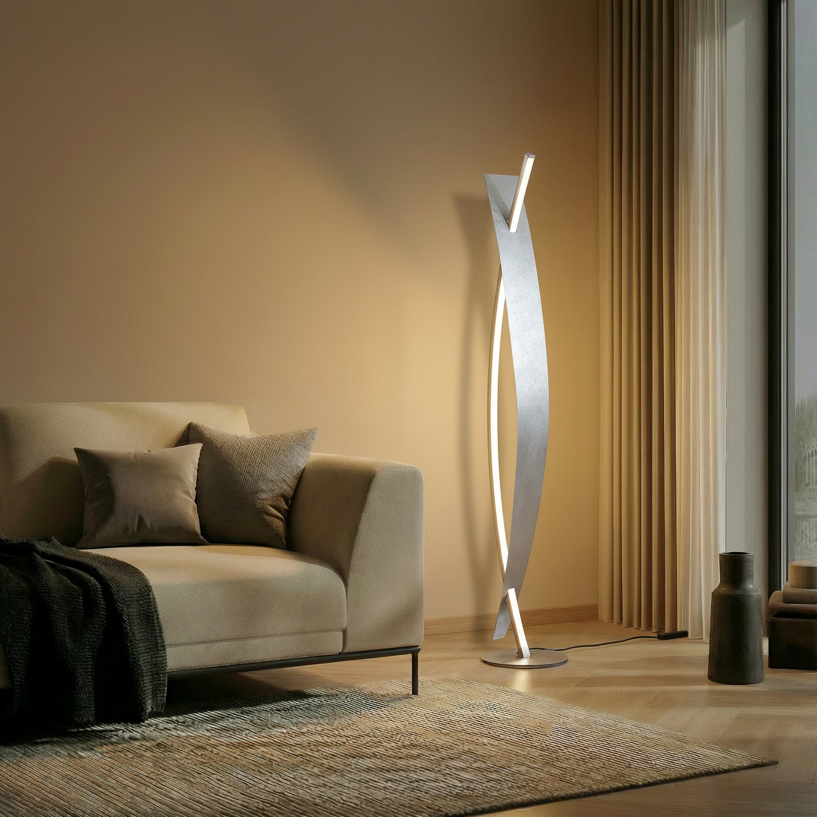 Lampa stojąca LED Lucande Marija, srebrna, ściemniana, 140 cm