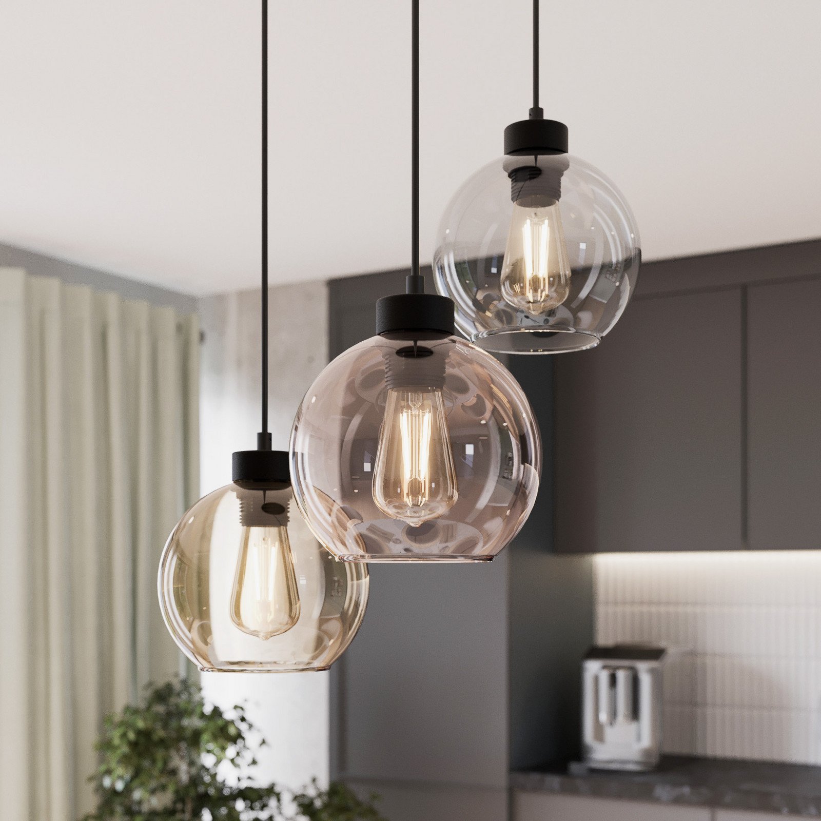 TK Lighting Lampa suspendată Cubus Ø 50 cm 3 becuri transparentă/maro miere sticlă - Camera de zi / sufragerie - Modern - negru transparent culoarea mierii maro