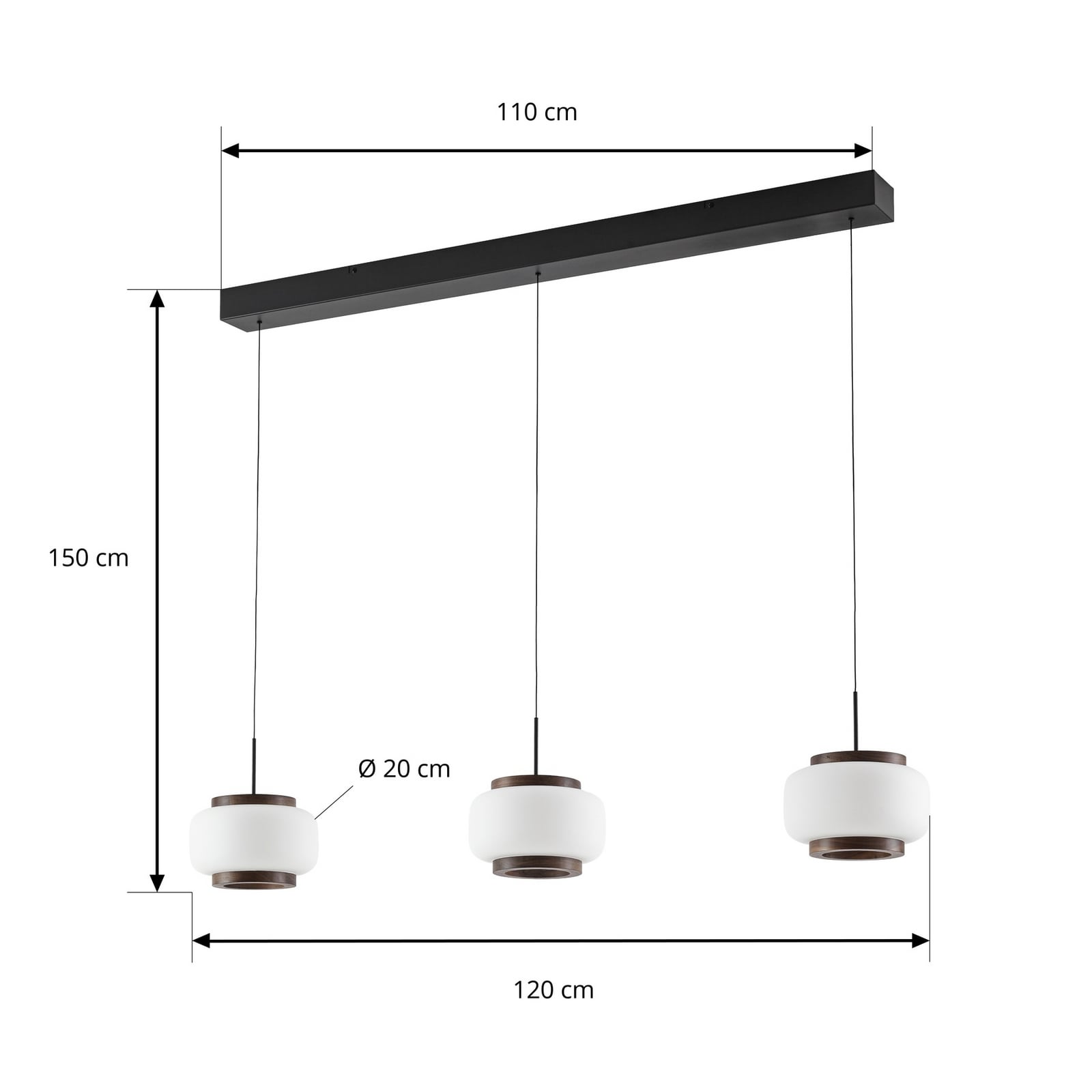 Suspension LED Quitani Shiro, à 3 lampes, bois/verre