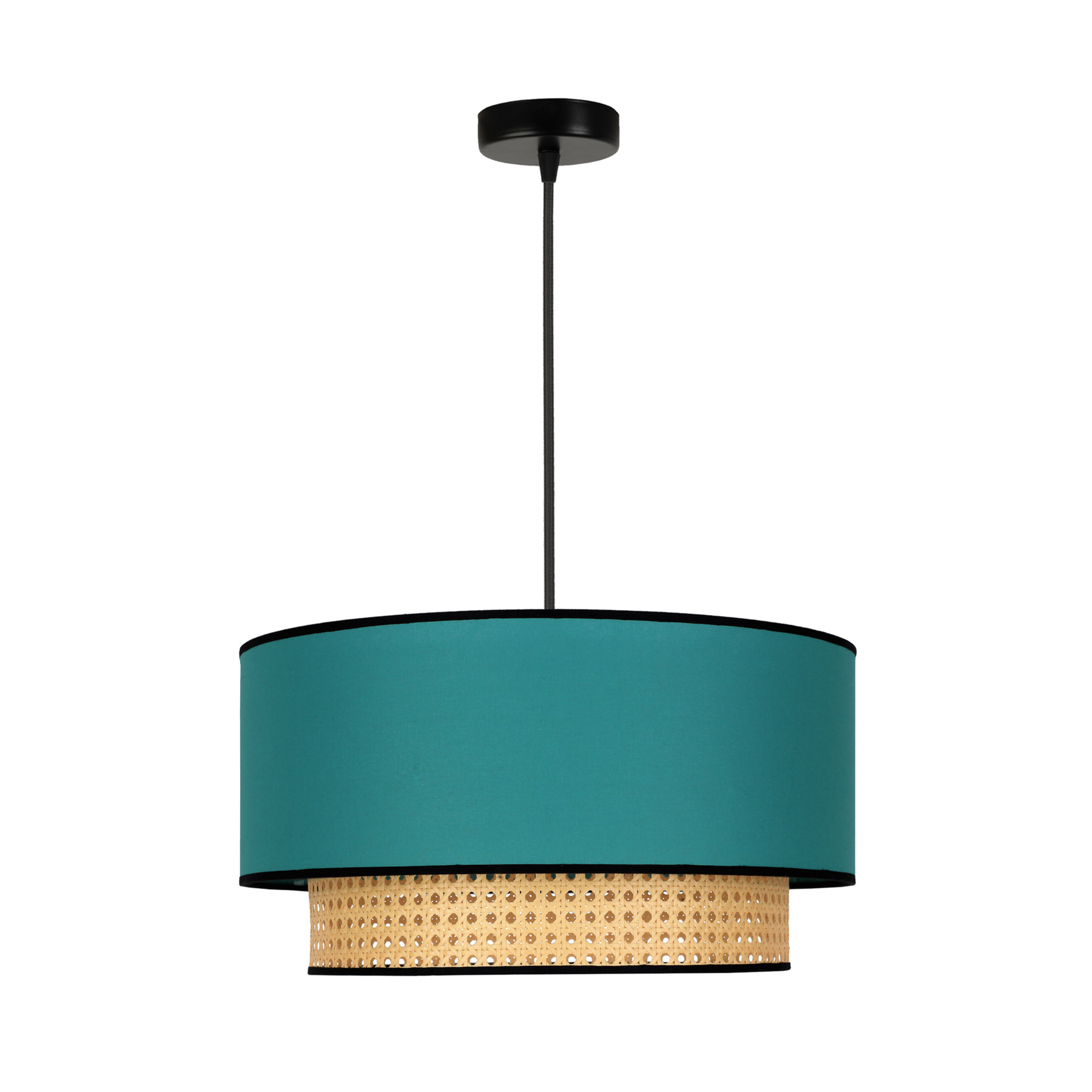 Hängeleuchte Boho, Rattan, Textil, beige/petrol