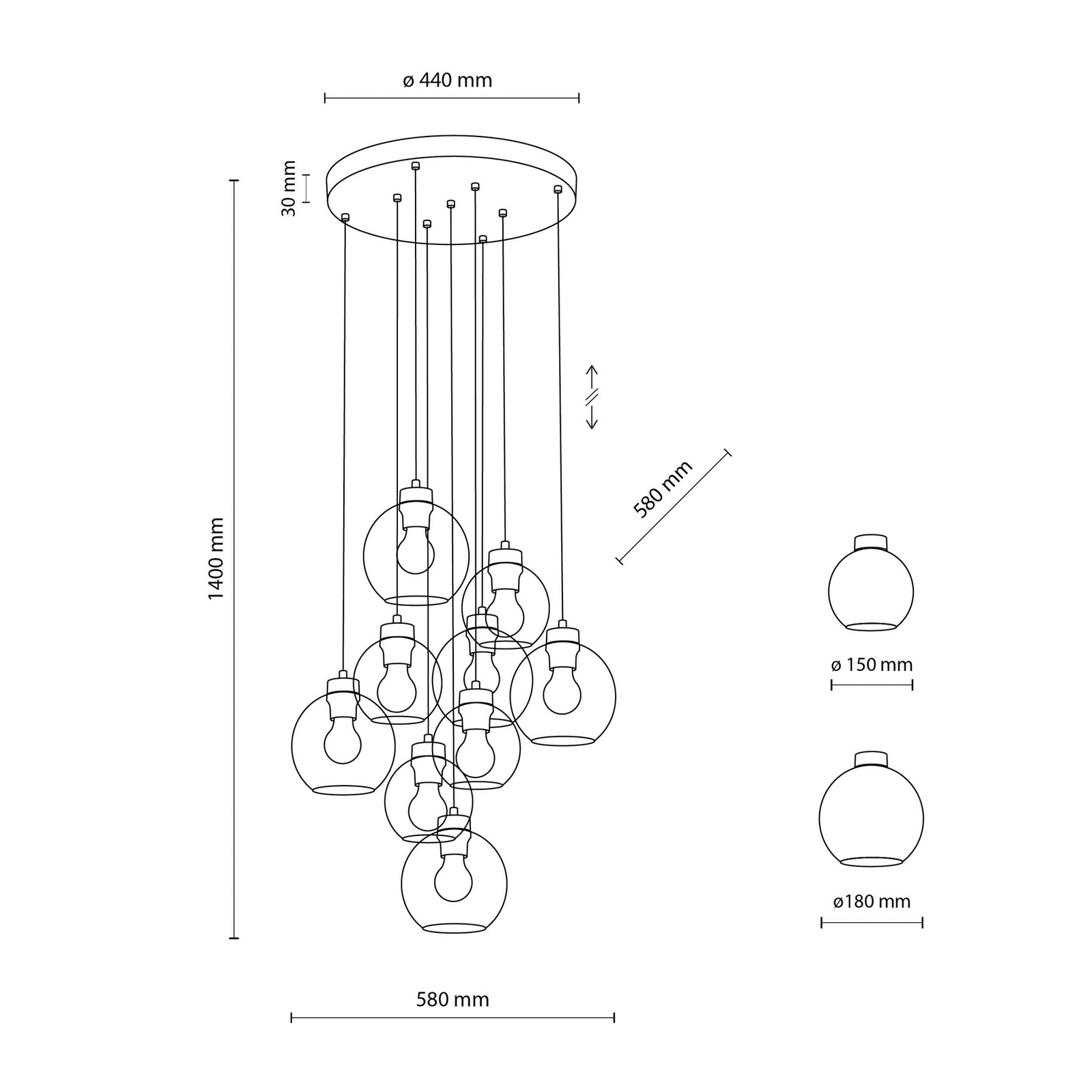 Hanglamp Cubus Mix, Ø 58 cm, 9-lamps, veelkleurig, glas, E27