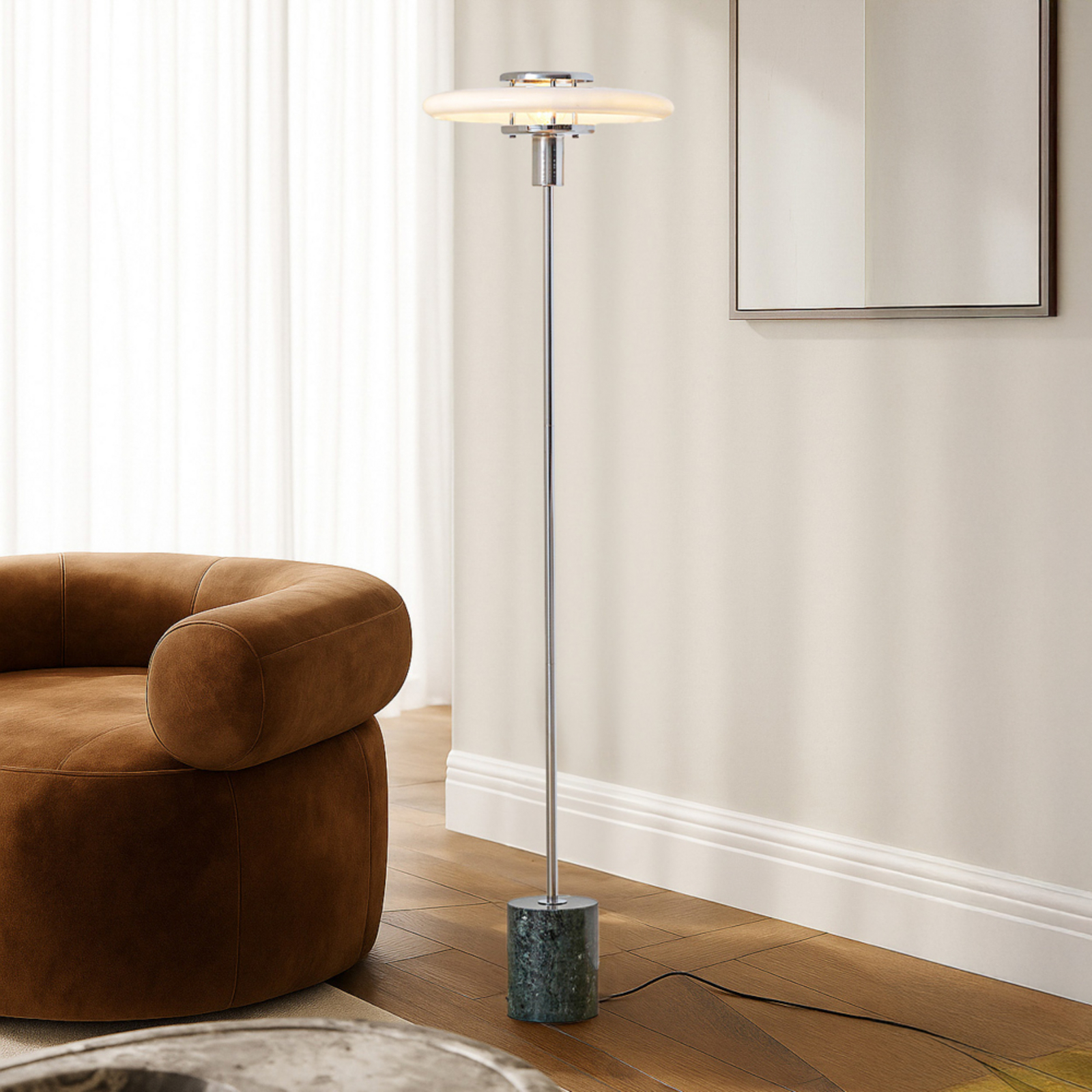 Lindby Lampadaire Branford, rétro, blanc/vert, verre opale/marbre