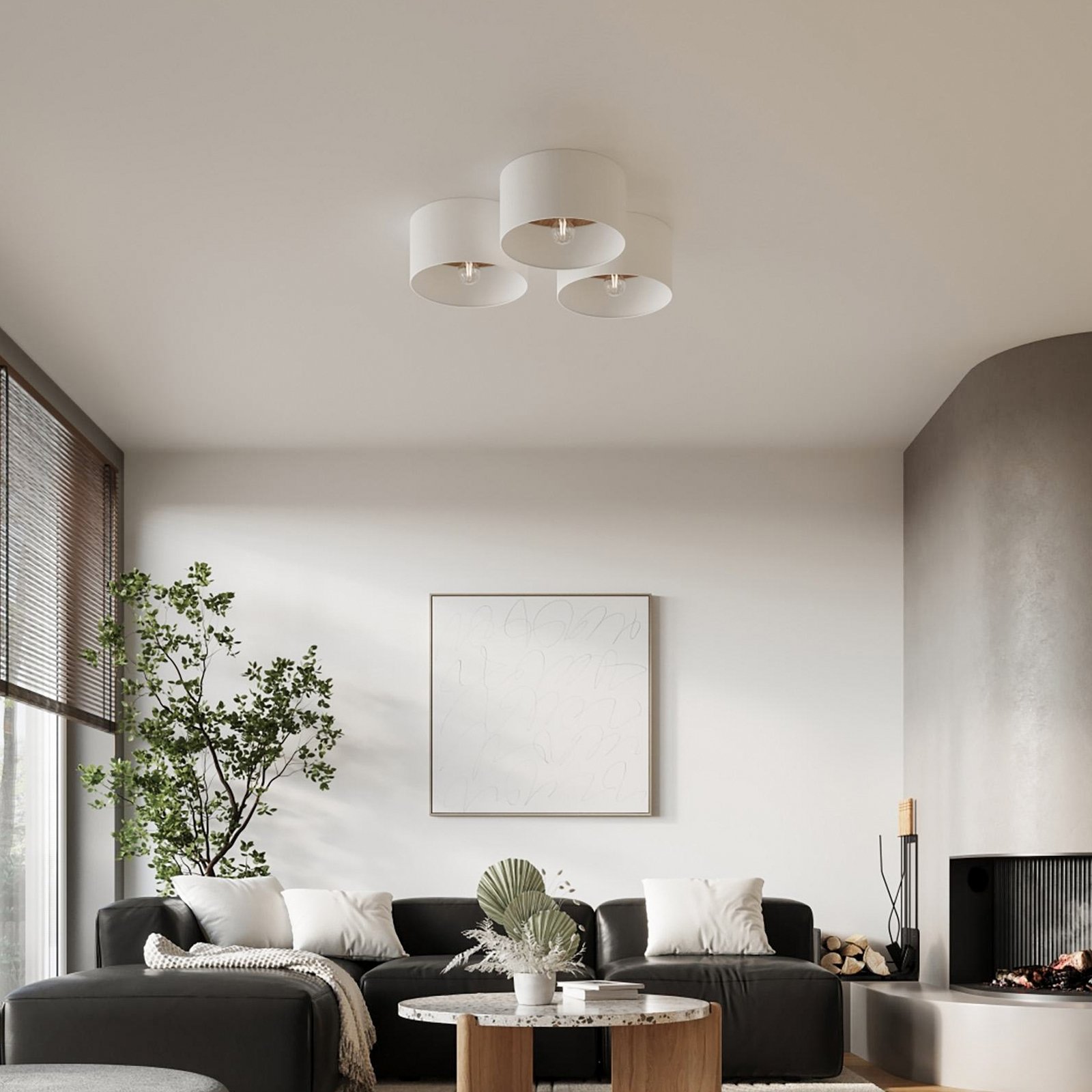 Telesto taklampe, hvit, Ø 35 cm, stoff, tre, stål