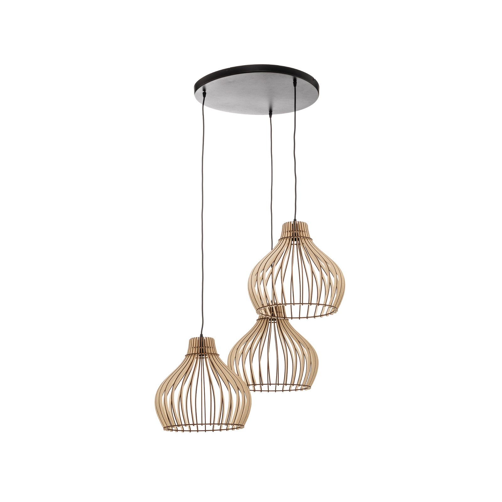 Barrel hanging light, wood lampshades 3-bulb round