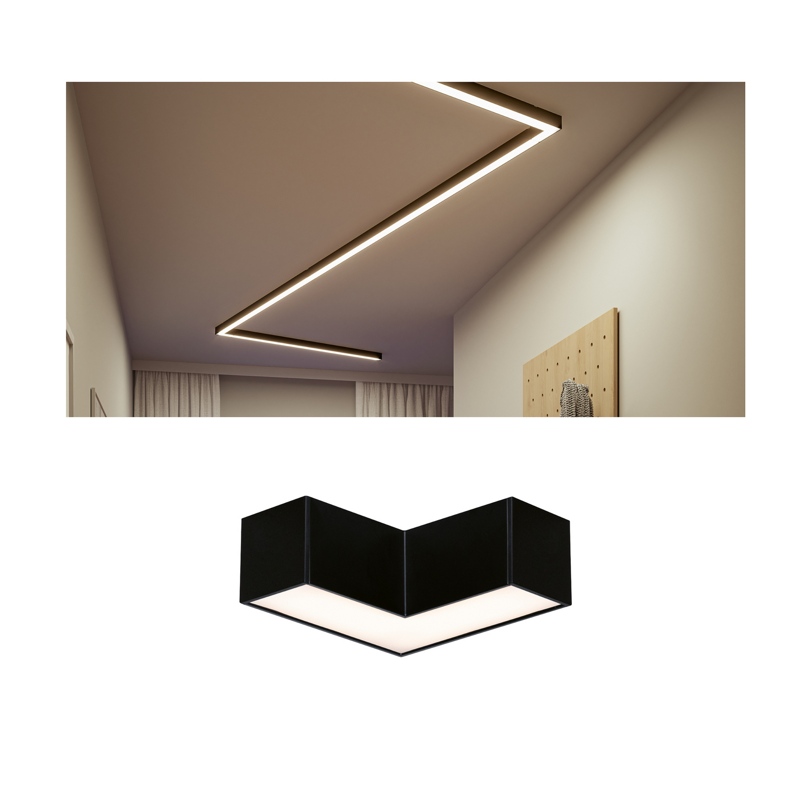 Paulmann LED batten light Linion, black, 90° corner, 3,000 K