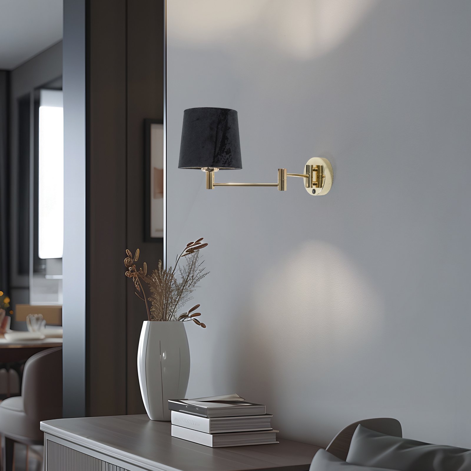 Wandlamp Solo, kegelvormig, velours, zwart/goud