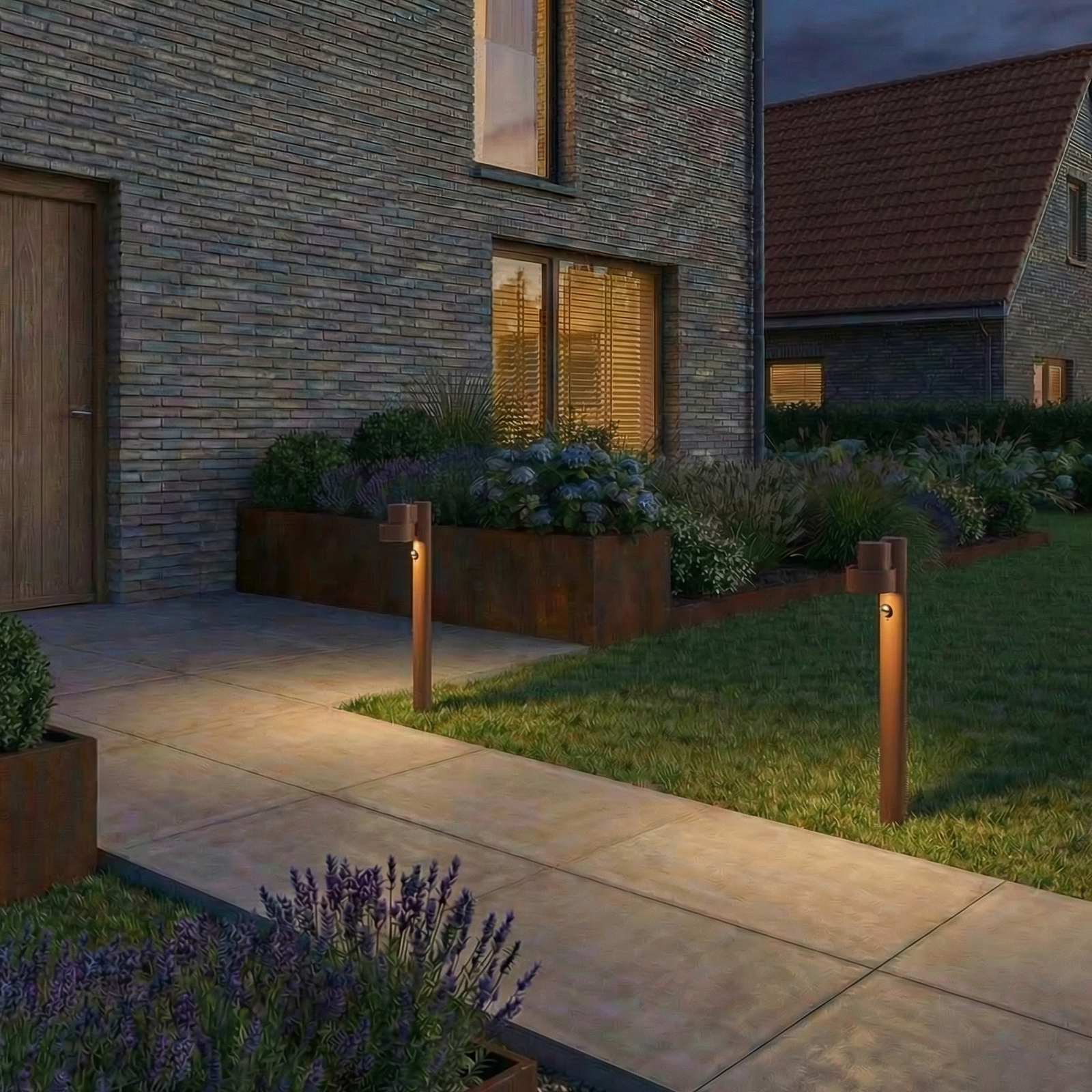 Bolardo luminoso LED Lucande Elune, marrón, con sensor, IP44, altura 77 cm