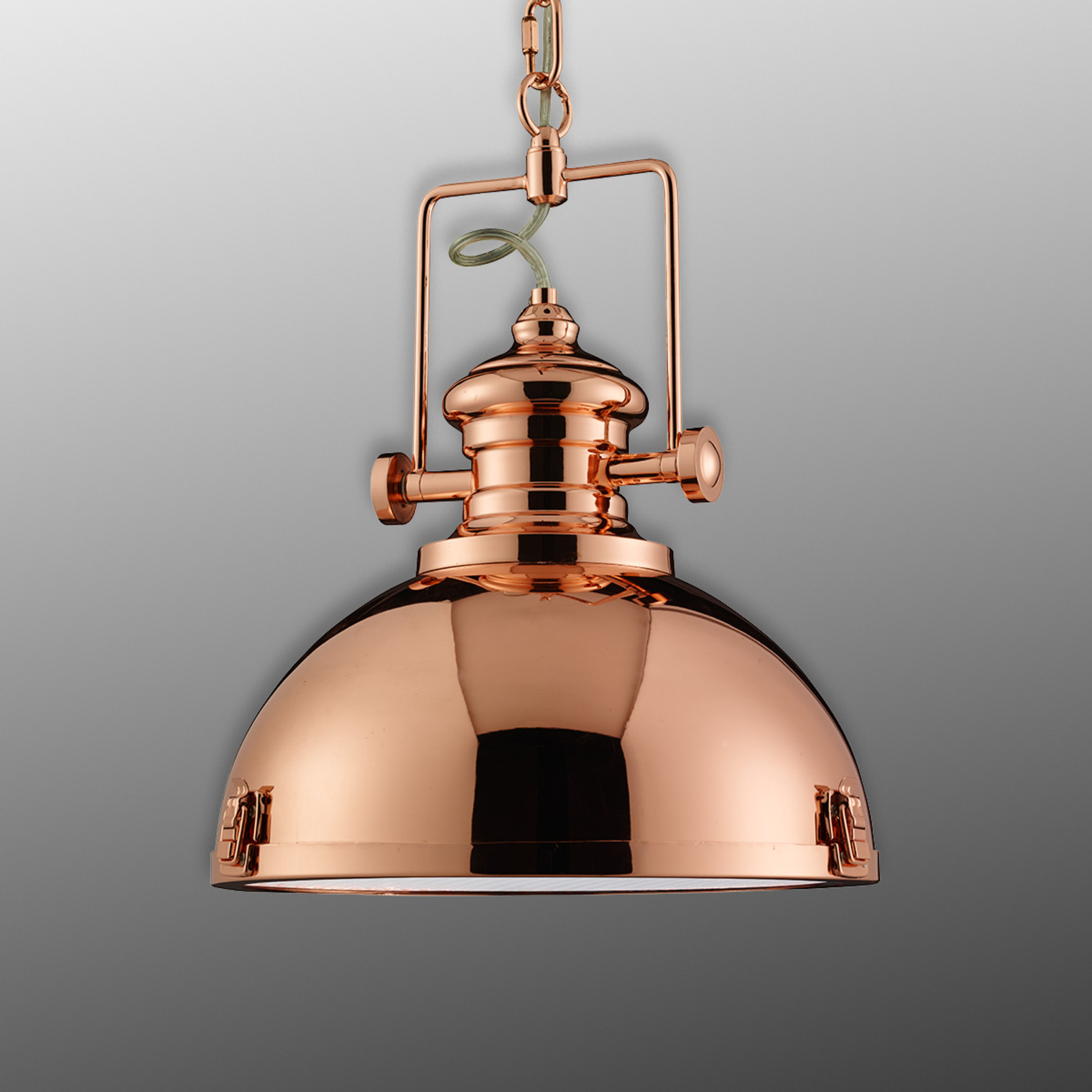 Lampă suspendată din metal, design industrial, de culoare cupru