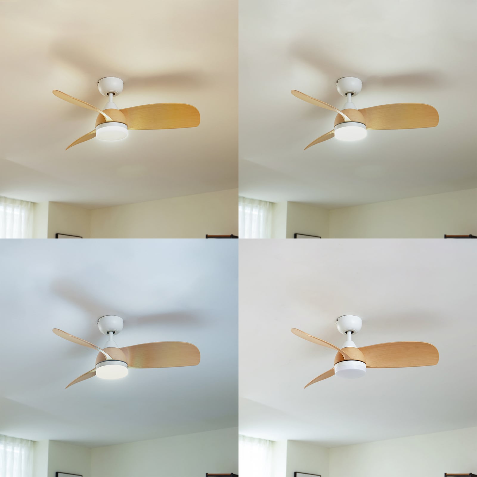 Ventilateur de plafond LED Enon, blanc/teinte bois, courant continu, silencieux
