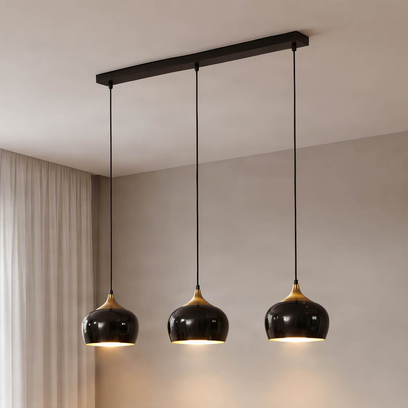 Berceste pendant light, black, 3-bulb, length 140 cm