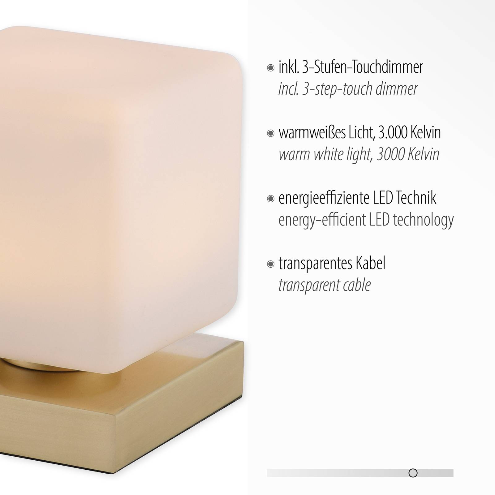 Paul Neuhaus lampa stołowa LED Dadoa, mosiądz, szkło, ściemniana