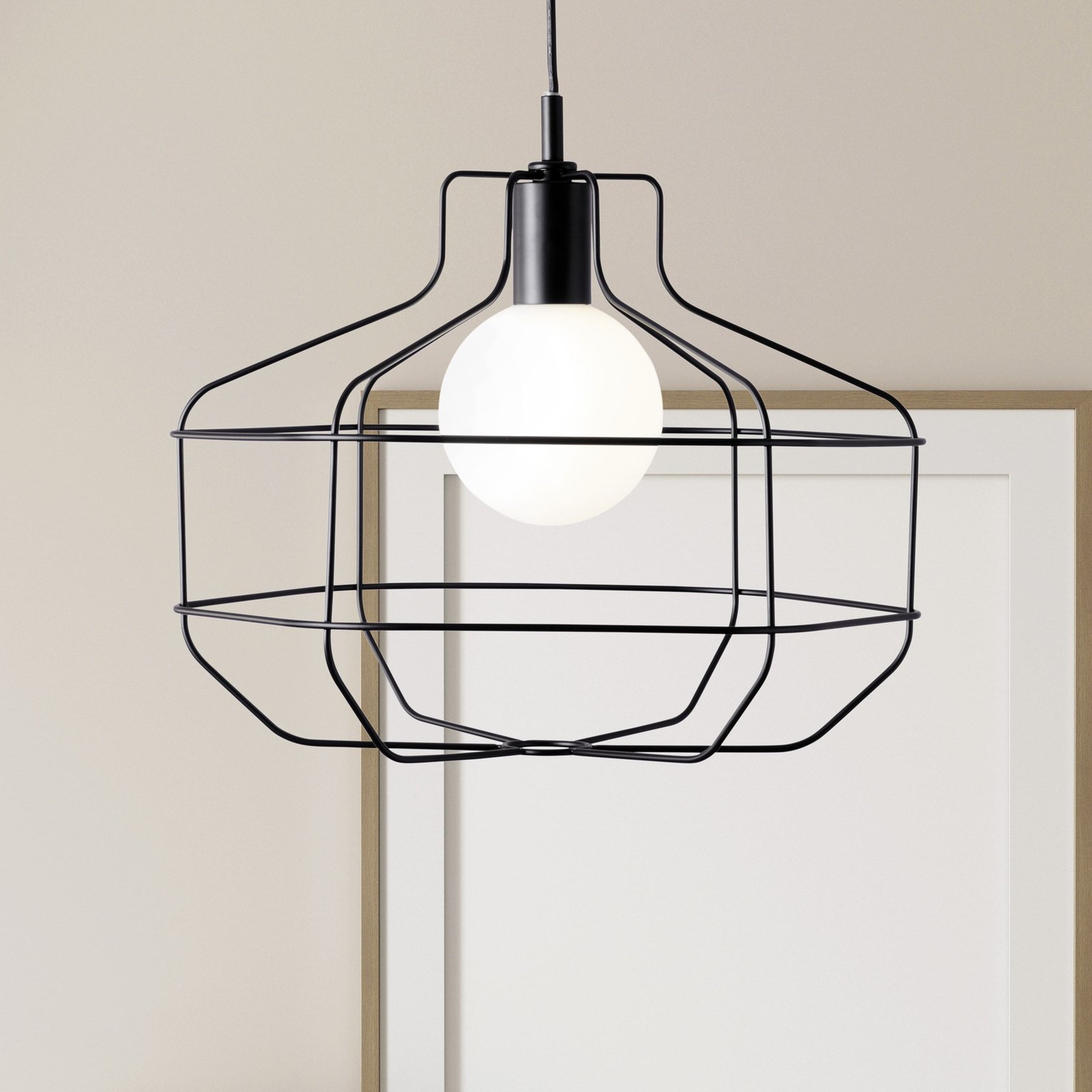 Wire pendant light, black, metal cage, 40 x 33 cm