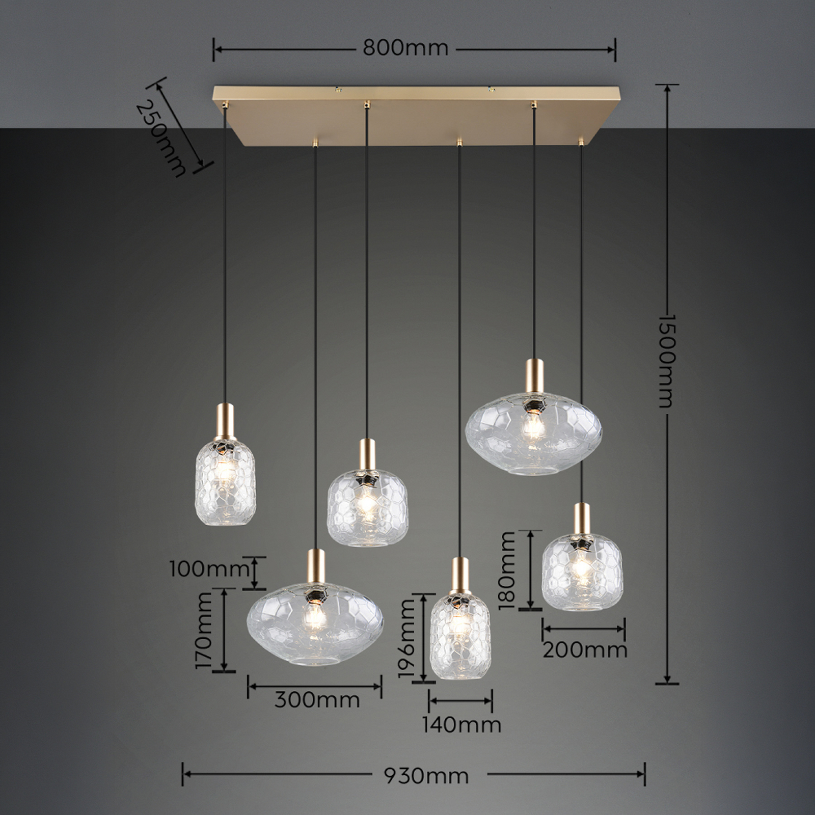 Lampă suspendată Emelie, 6 becuri, auriu/transparent, metal, sticlă, E27 Lampă suspendată Emelie, 6 becuri, auriu/transparent, metal, sticlă, E27