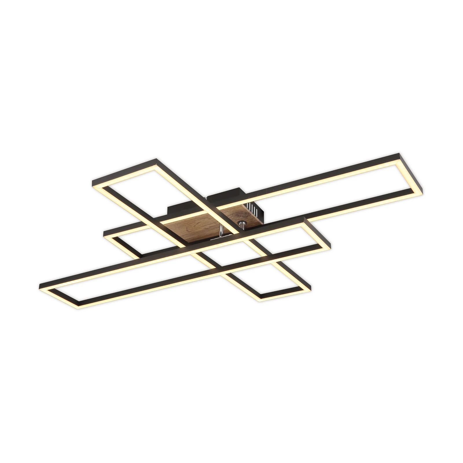 Plafonnier LED Dakari, longueur 80 cm, noir/bois, à 3 lampes