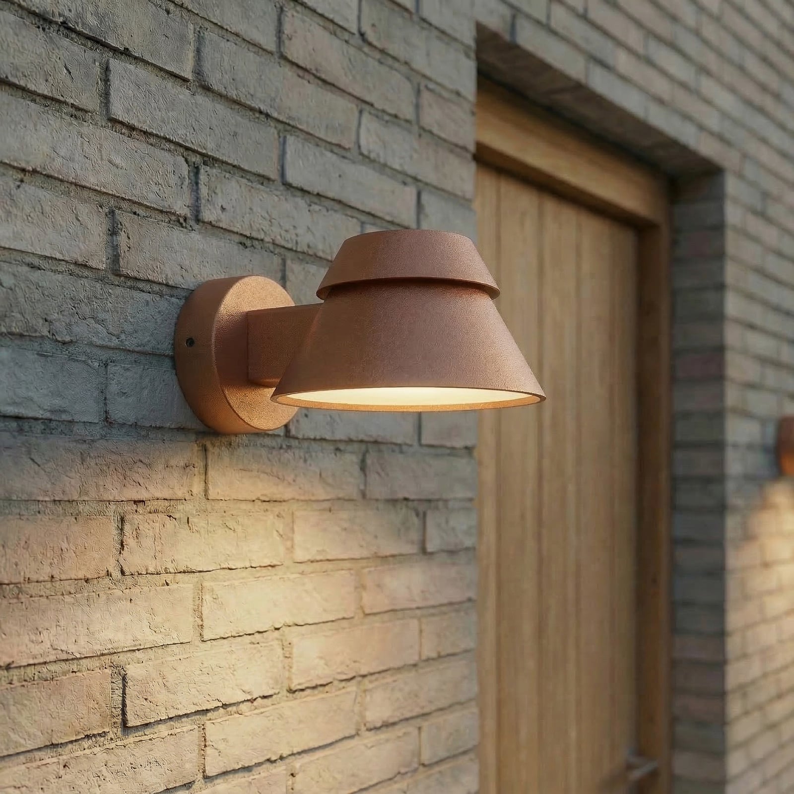 Moena LED outdoor wall light, IP44, aluminium, glass, brown - Lucande