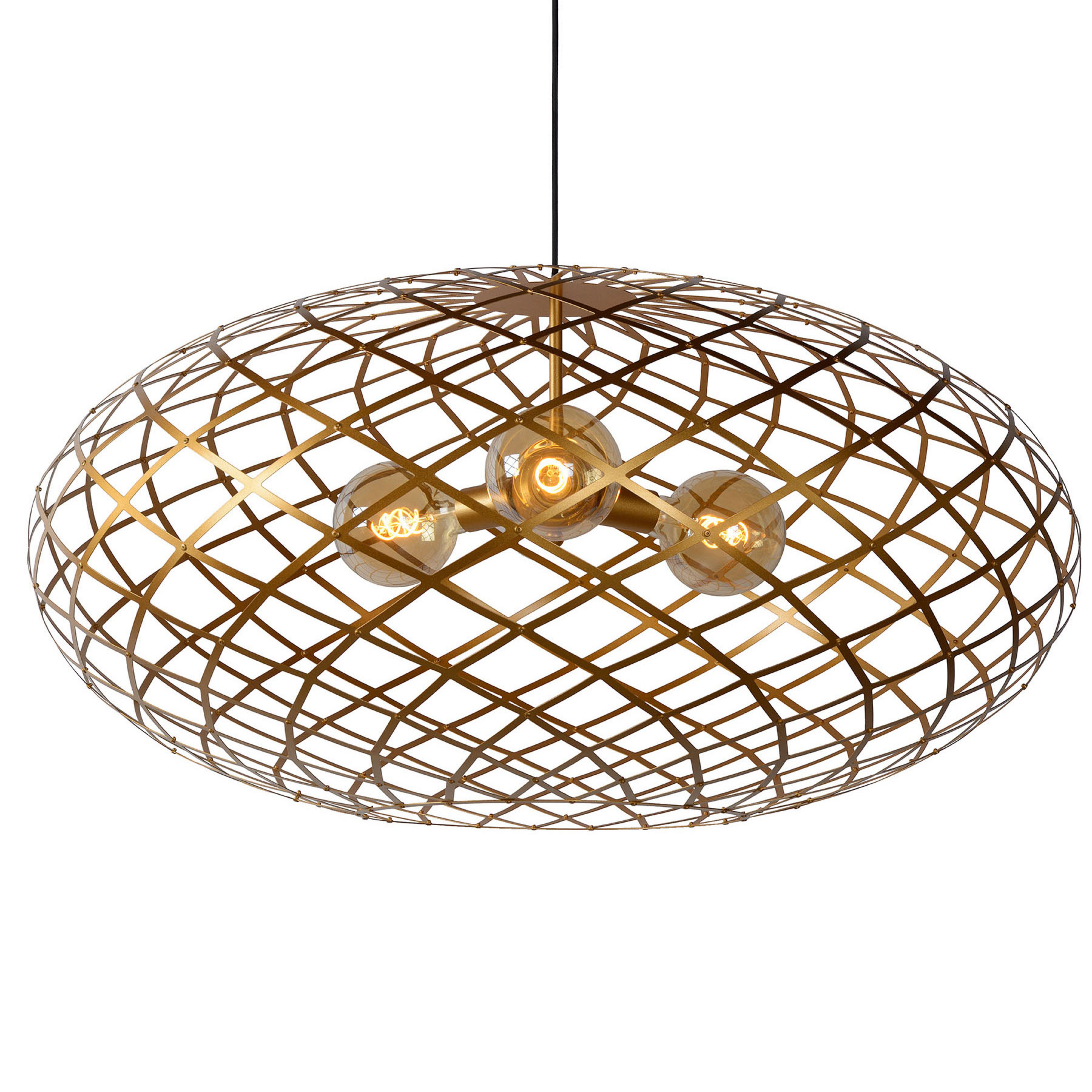 Wolfram hængelampe, oval skærm, 100 cm, gylden