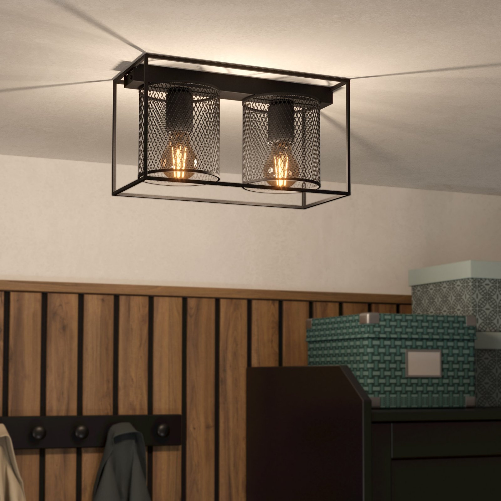 Deckenlampe Catterick, schwarz, zwei Käfigschirme