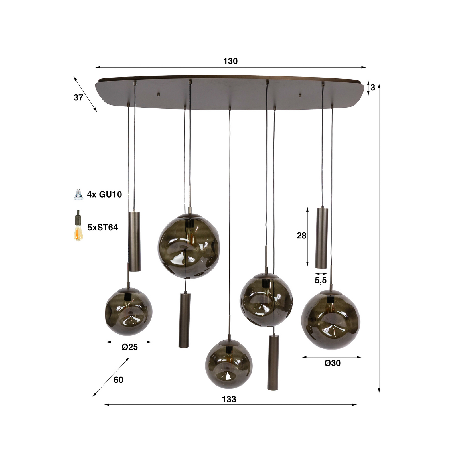 Pendelleuchte Stellar, braun, Glas, 9-flammig, E27, GU10