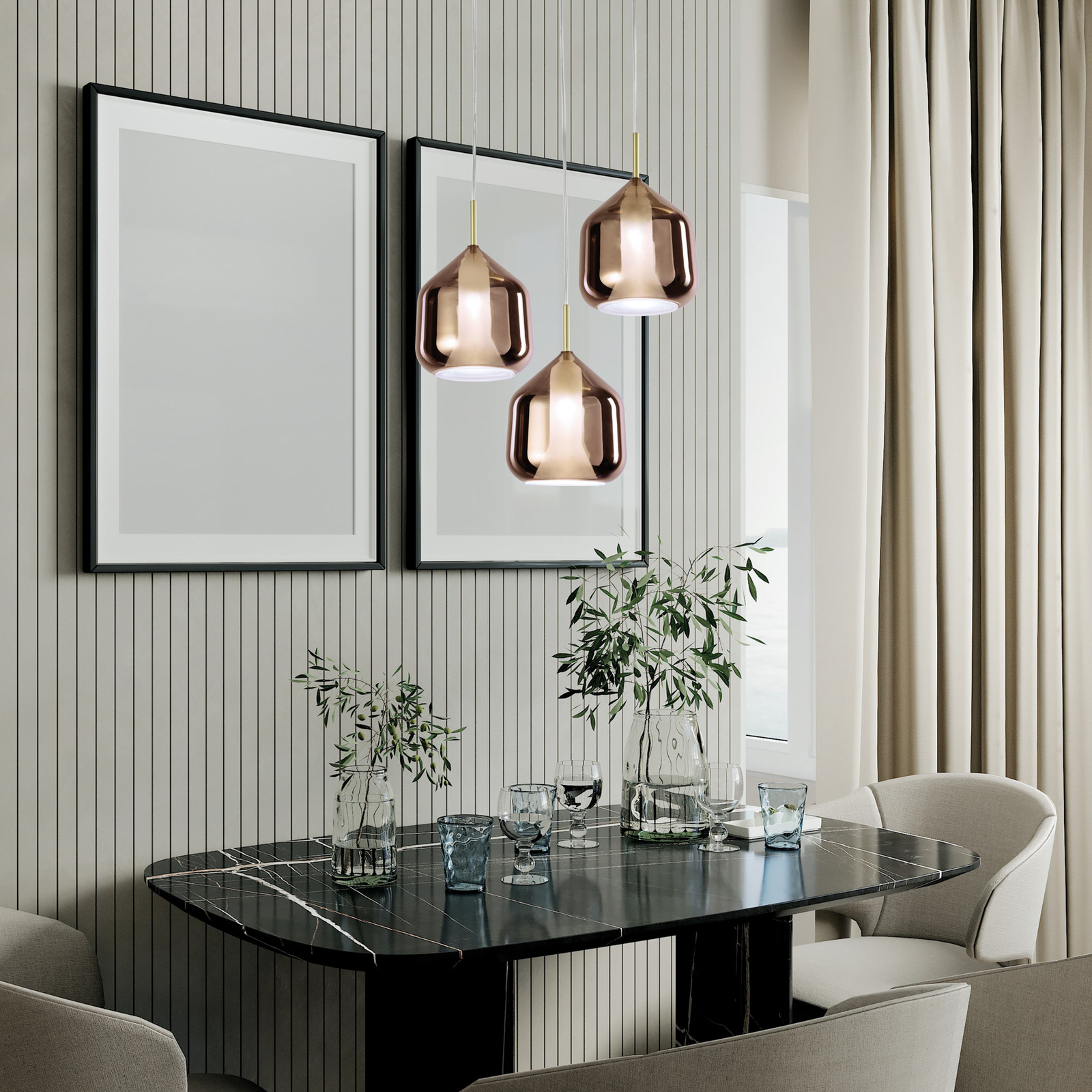 Hanglamp X-Ray koper/goudkleurig 3-lamps rond glas