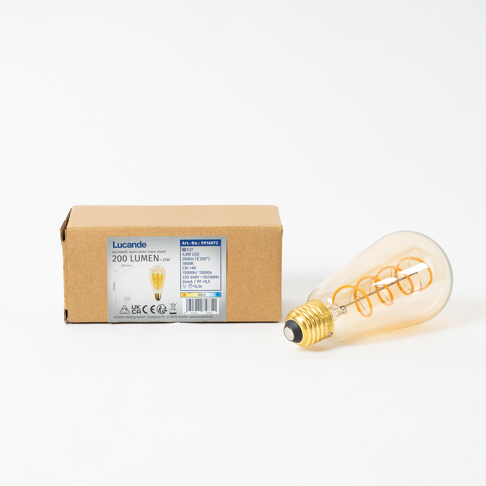E27 4.9W rustic LED bulb, 1800K, 200 lumens, amber