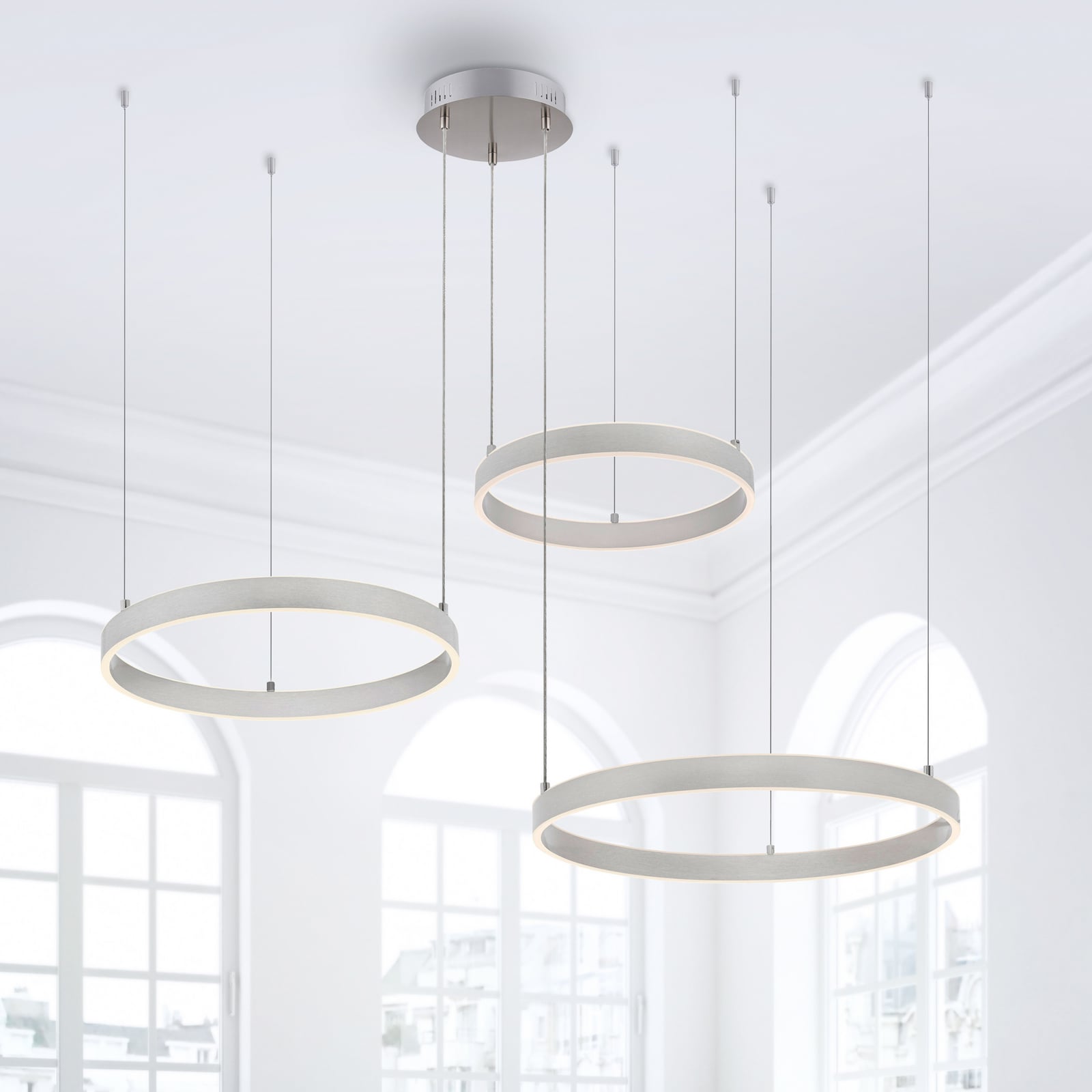 Żyrandol LED Lilluti, srebrna, żelazo, aluminium, 3 pierścienie