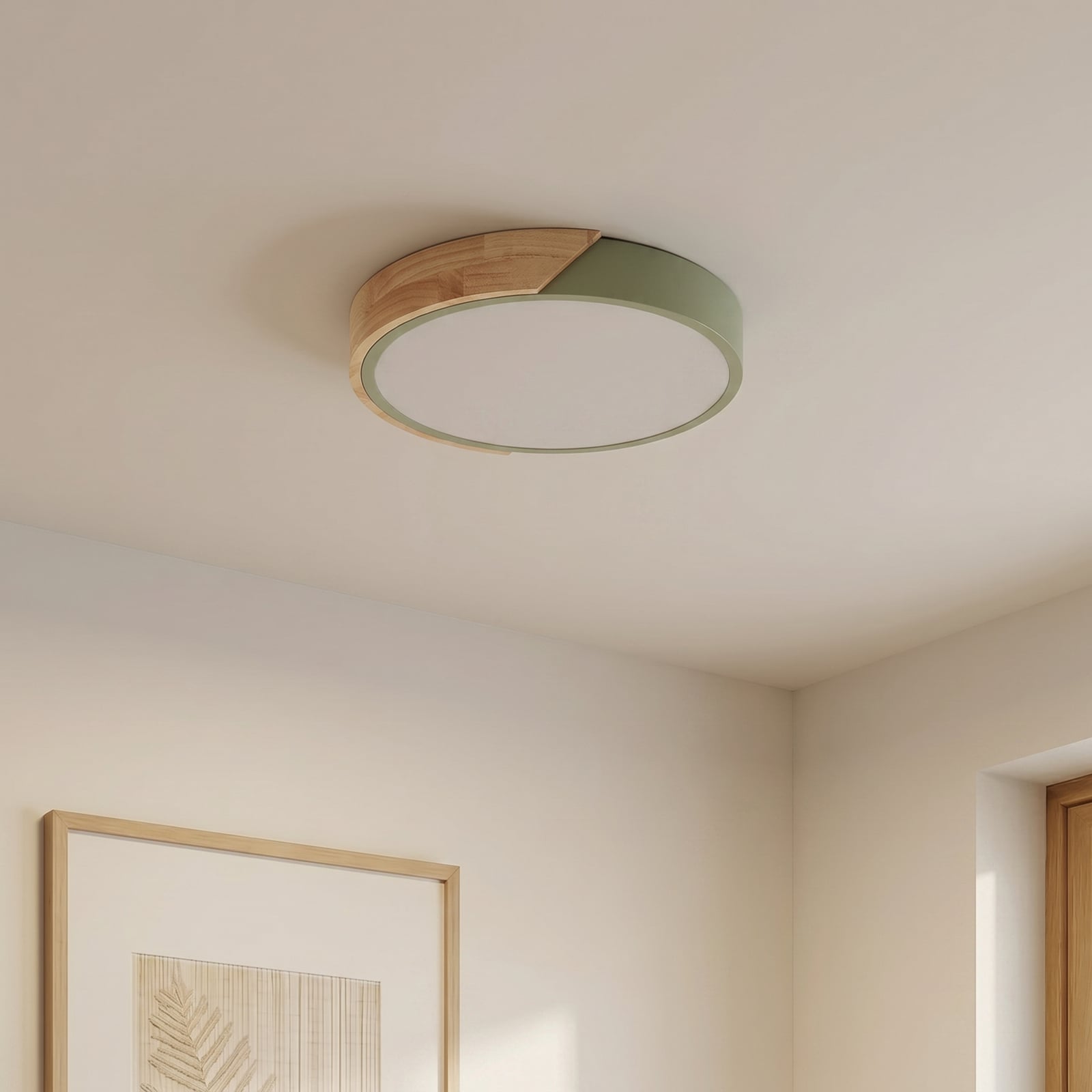 Plafón LED Lynorri de PRIOS, Ø 32 cm, verde, acabado en madera Plafón LED Lynorri de PRIOS, Ø 32 cm, verde, acabado en madera