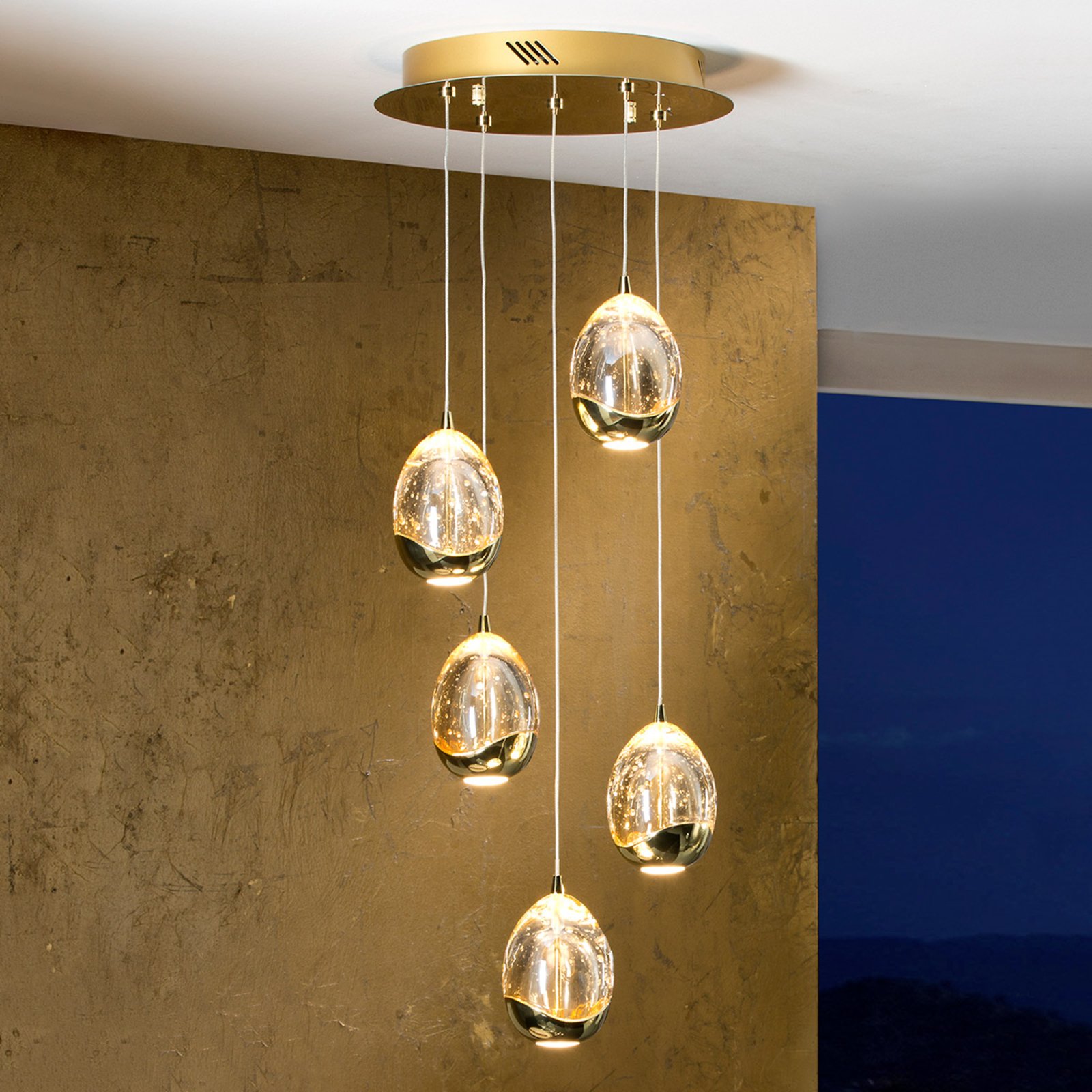 Suspension LED Rocio, à 5 lampes. en or