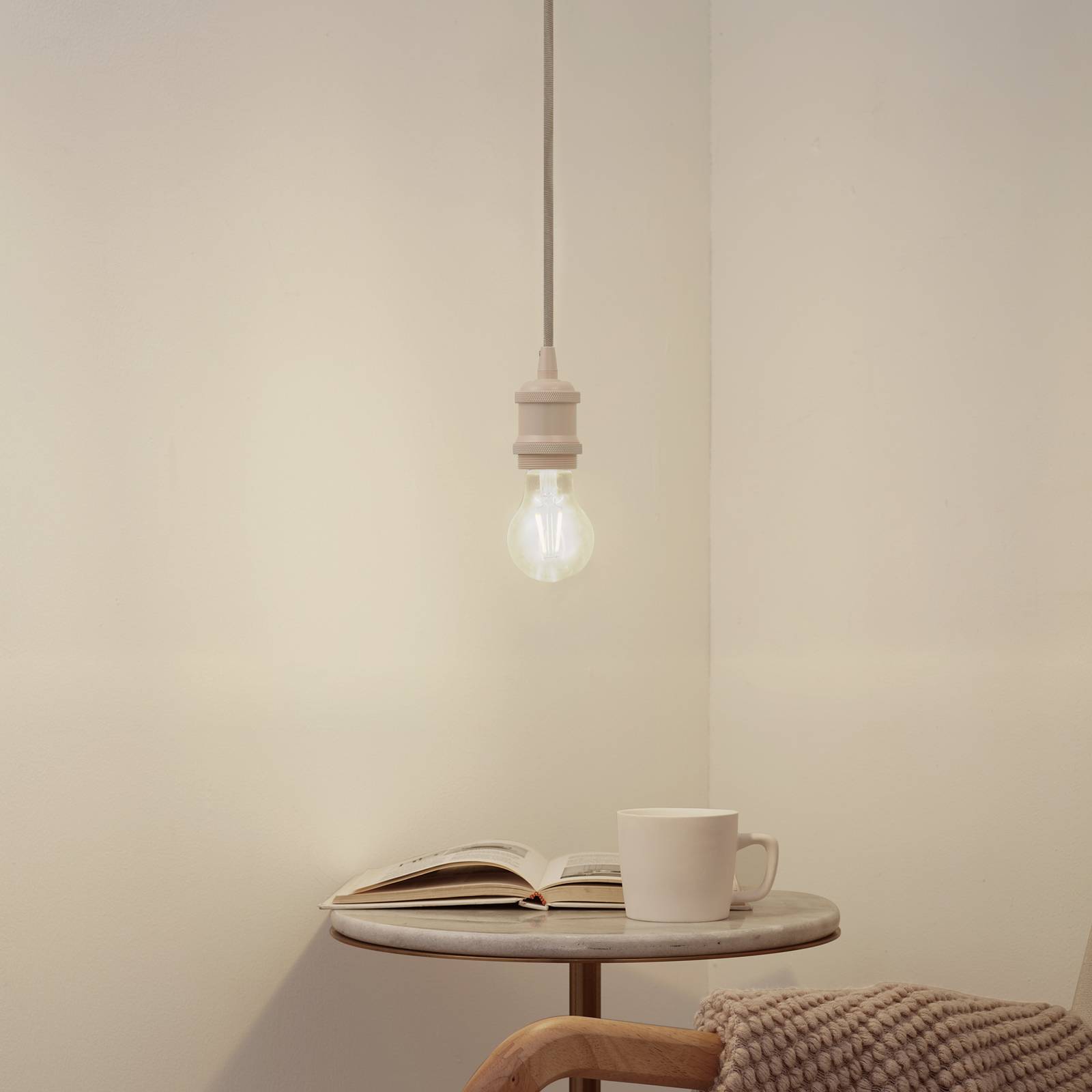 Lindby Pendelleuchte Hattie, beige, Ø 5 cm, Metall E27 günstig online kaufen