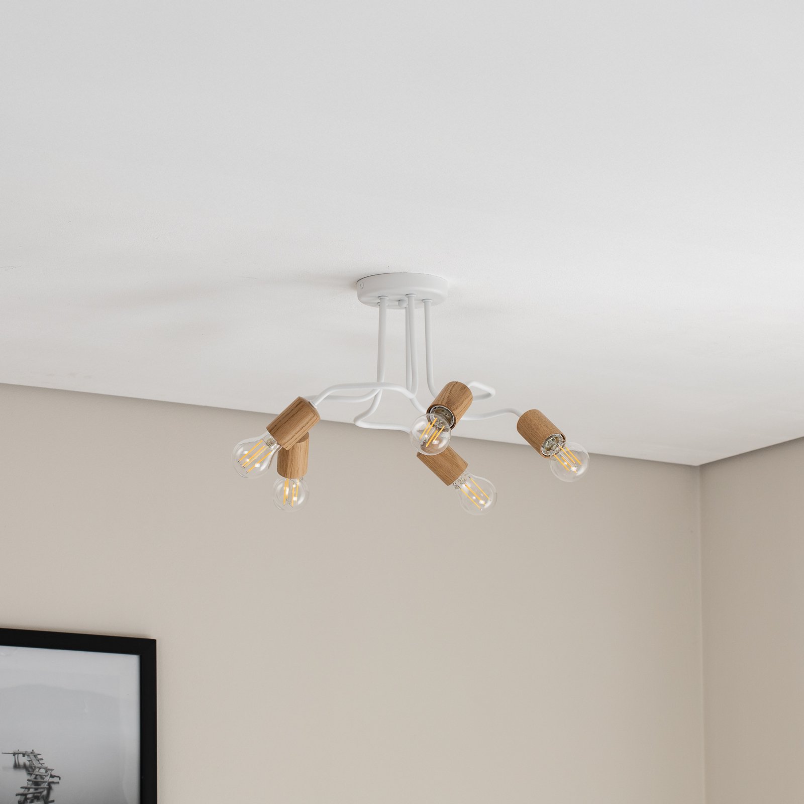 Envostar Joiy plafondlamp 5-lamps verdeeld wit/hout
