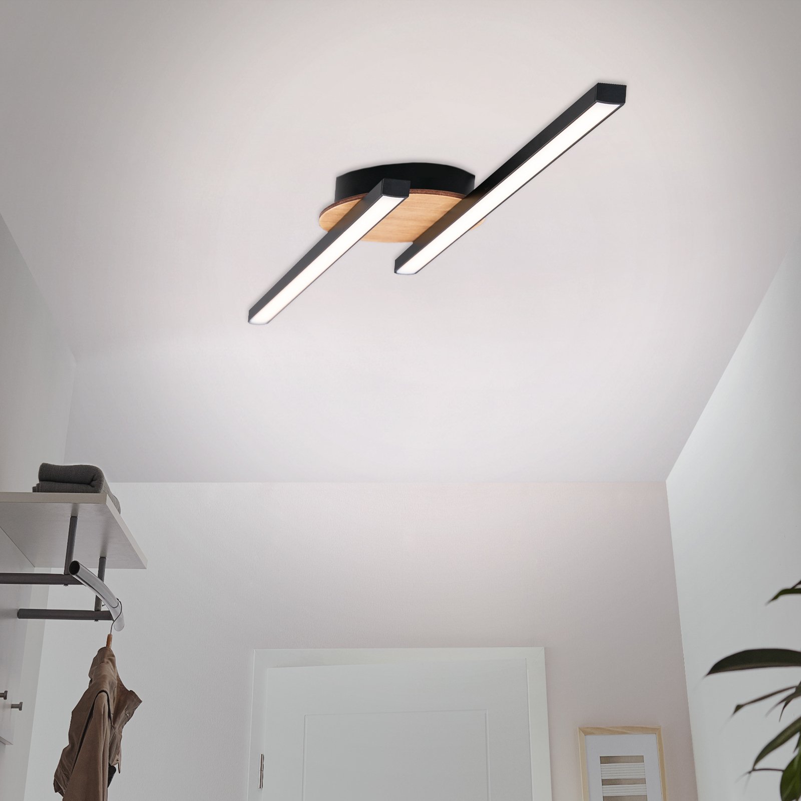 Go LED ceiling lamp 2-bulb black/wood linear