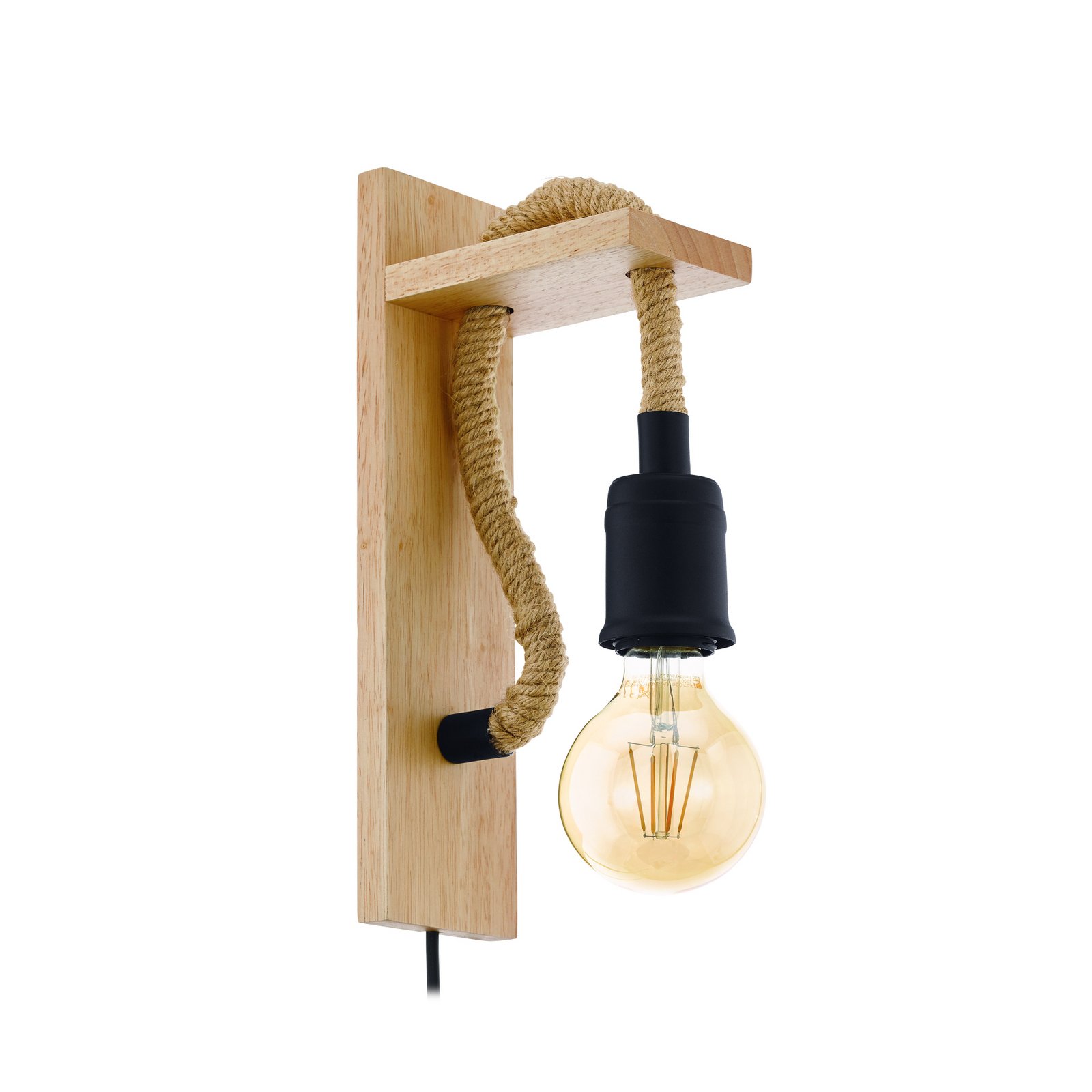 Rampos sieninis šviestuvas iš medžio ir virvės, be atspalvio