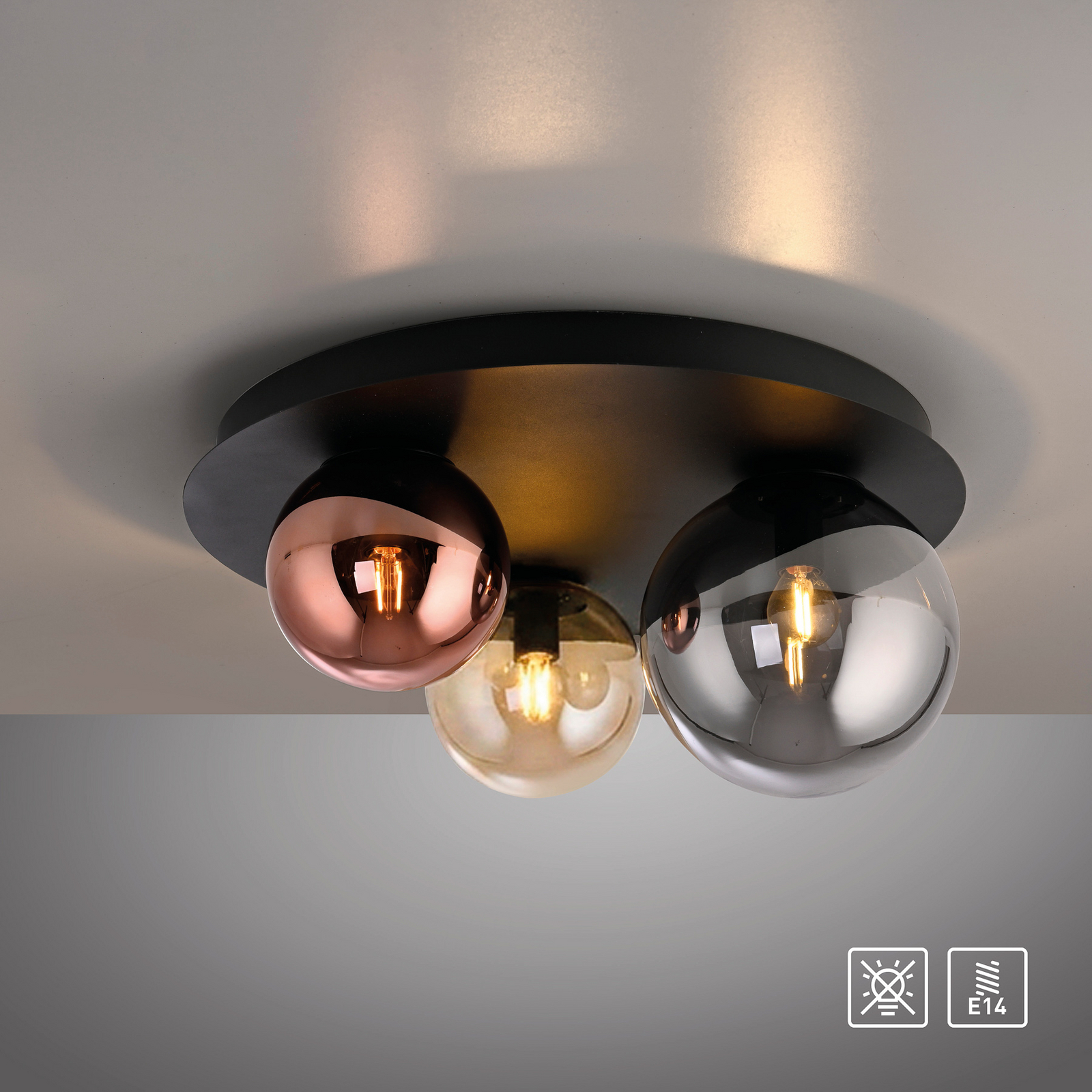 Loftlampe Shiny, 3 lyskilder, rund, flerfarvet, glas, E14 Loftlampe Shiny, 3 lyskilder, rund, flerfarvet, glas, E14
